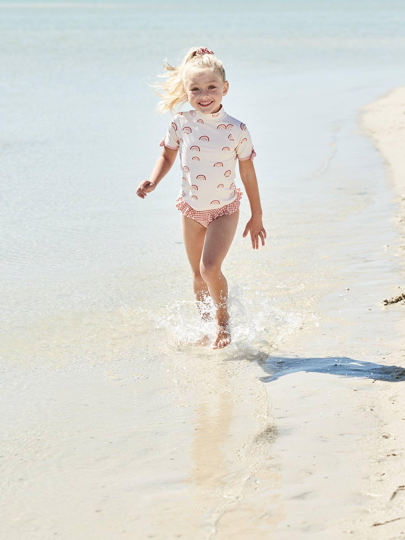 Ensemble de bain anti-UV fille T-shirt + culotte écru imprimé