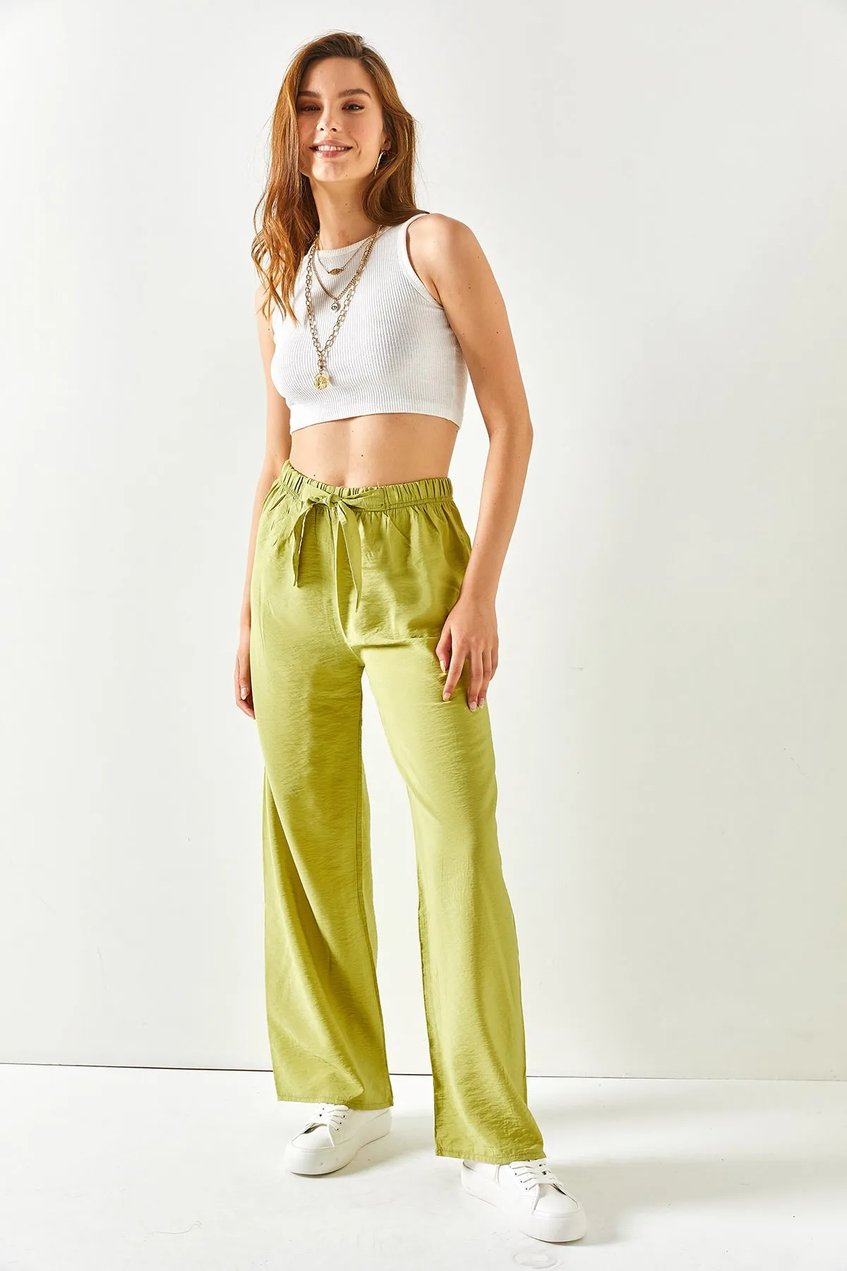 Olalook  Pistaziengrüne Palazzo-Ayrobin-Hose mit Gürtel und elastischem Bund für Damen PNT-19000200