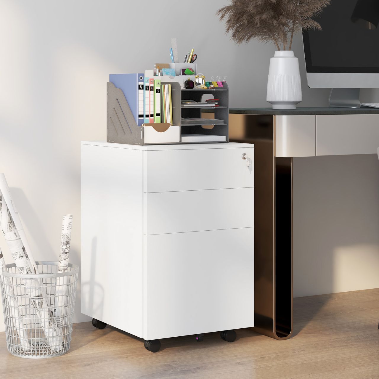 Vinsetto Rollcontainer Aktenschrank mit 3 Schubladen, Büroschrank mit Schloss