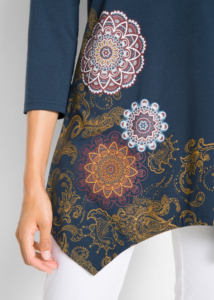 Zipfel-Longshirt mit V-Ausschnitt, 3/4-Arm