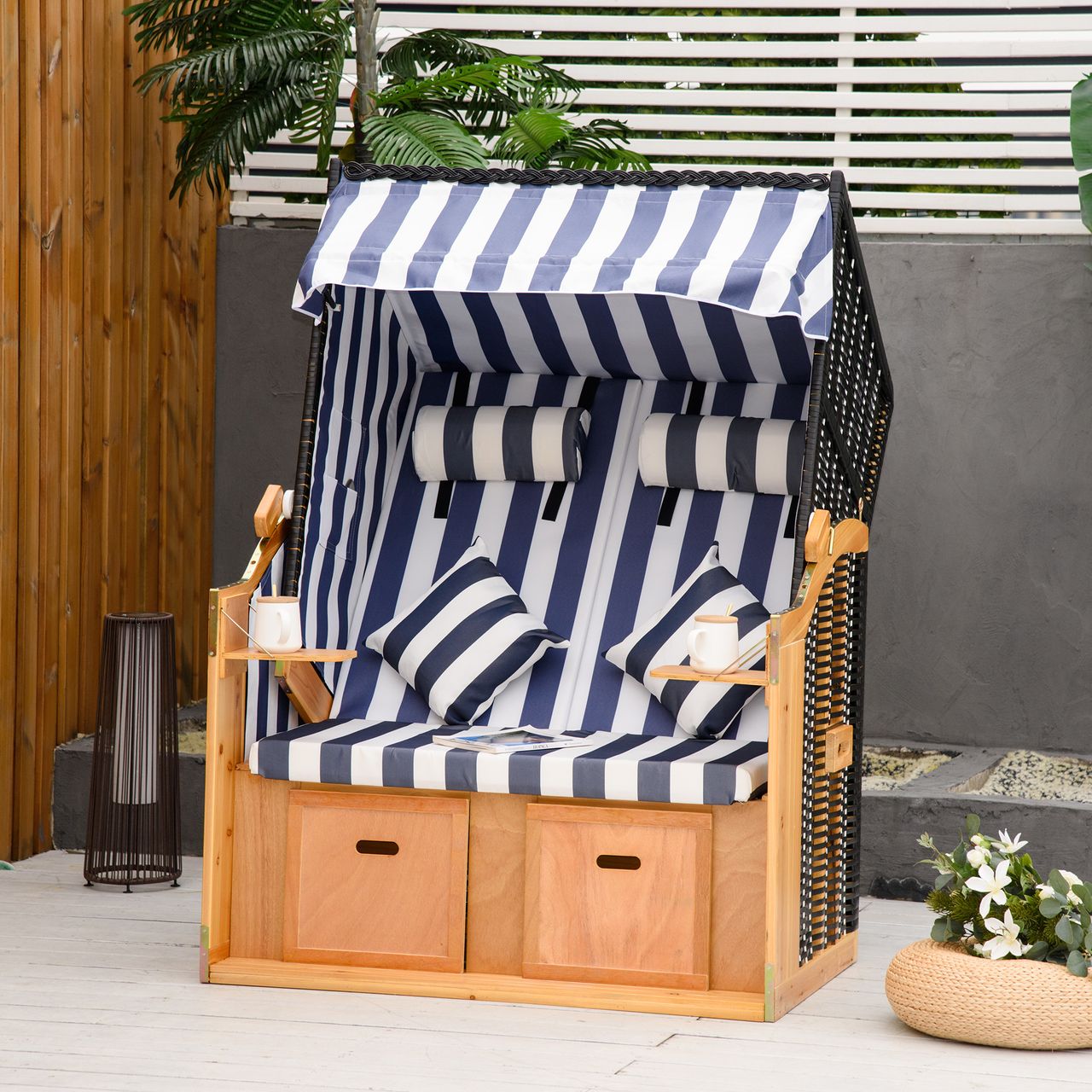 Outsunny Strandkorb Doppelte Sonnenliege mit Dach Doppelliege mit Getränkehaltern Chaiselongue 5-stufige Rückenlehne PE-Rattan Blau Weiß 118 x 79 x 150 cm