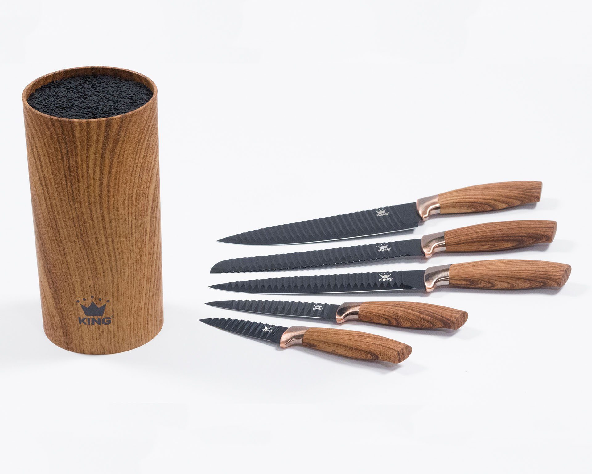 KING Messerblock Essential (6tlg), Messer mit Wellenschliff, Griffe in Holzoptik, (5 Messer+ Messerblock)