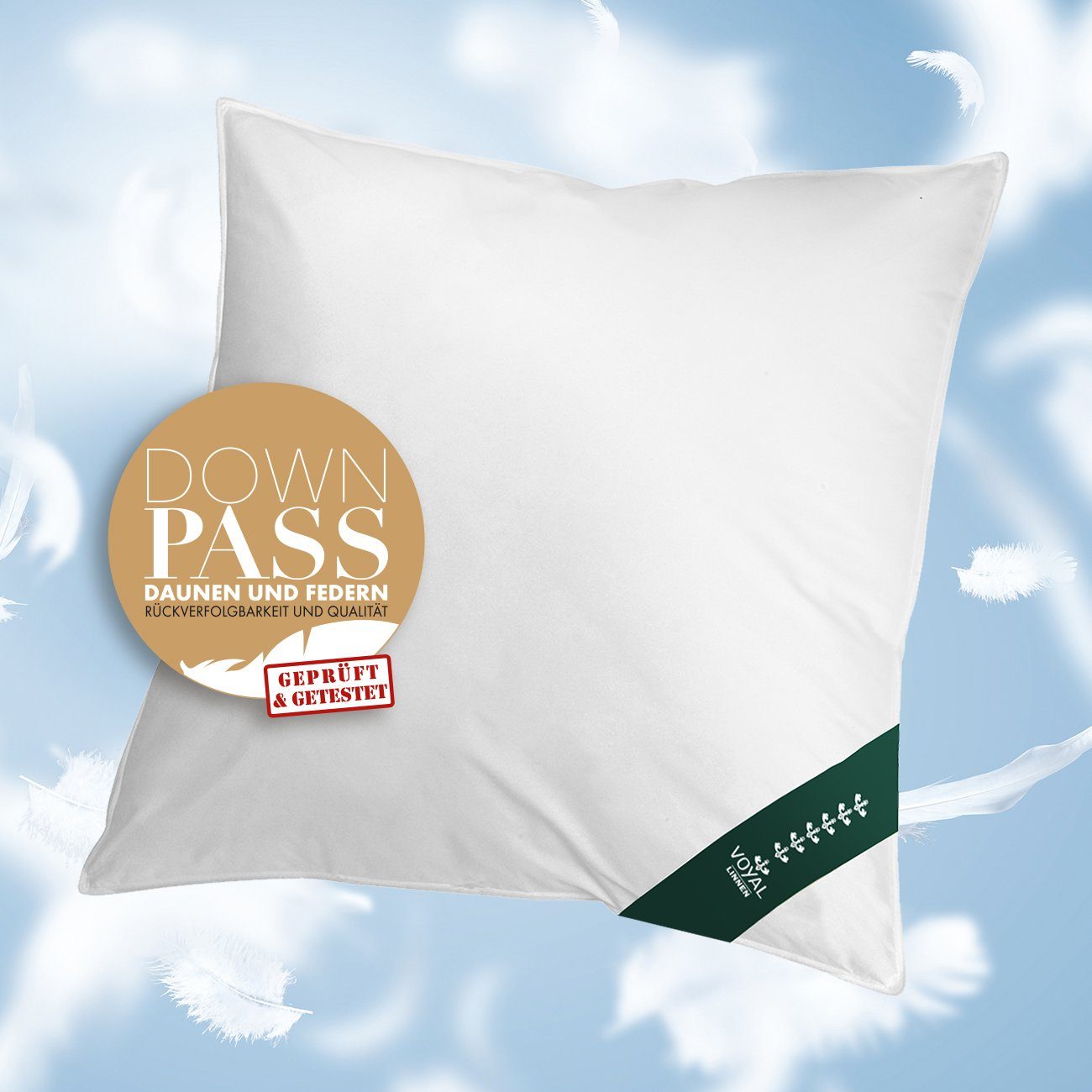 Daunenkissen Wiener Wolkenpolster 80x80cm in zwei Füllstärken, VOYAL LINNEN, Füllung: 70% Federn / 30% Daunen, kuschliges Kopfkissen hergestellt in Deutschland, allergikerfreundlich