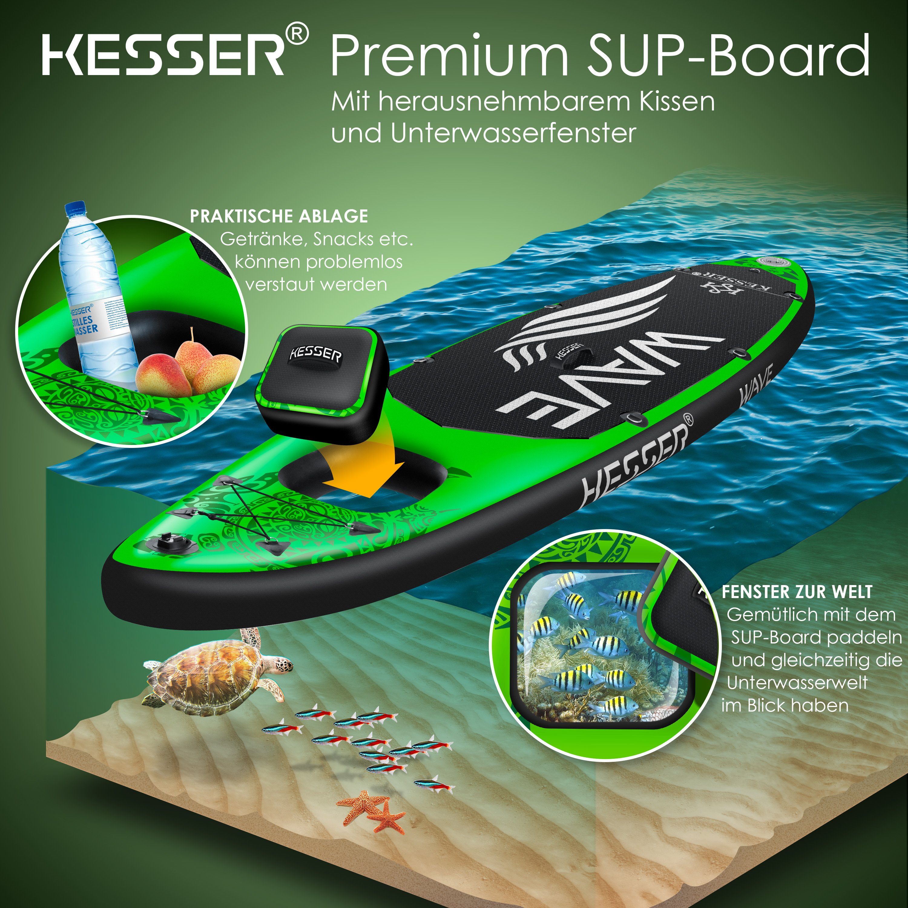 KESSER SUP-Board, SUP Board Aufblasbar Set mit Sichtfenster Stand Up Paddle