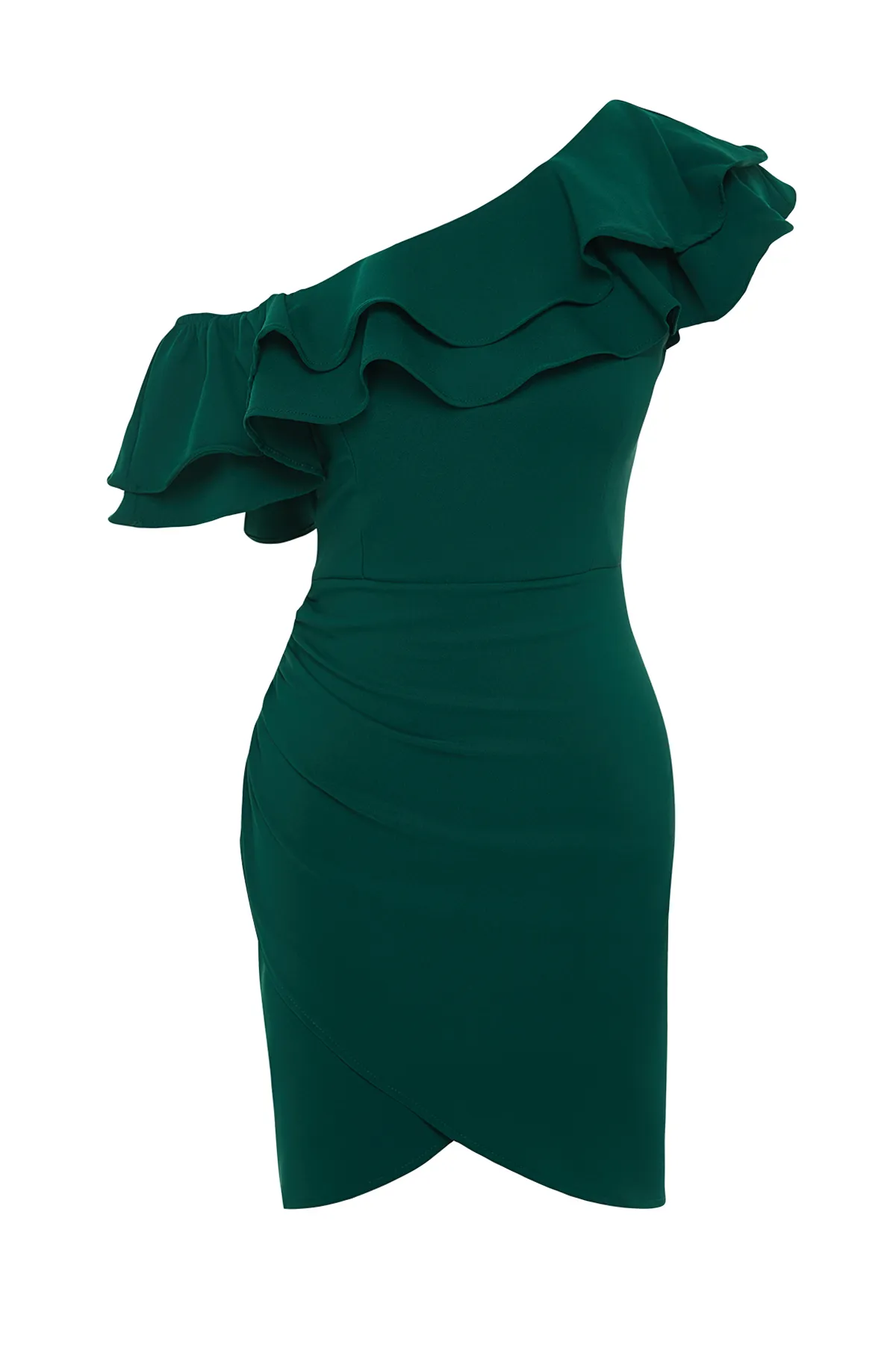 Trendyol Collection  Smaragdgrünes, einärmliges, gerüschtes, elegantes Abendkleid TPRSS24EL00013