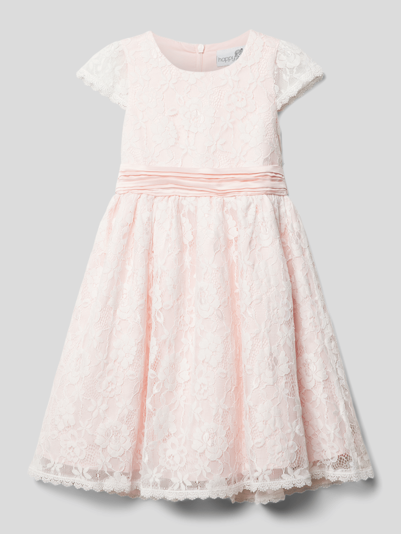 Knielanges Spitzenkleid mit Taillenband in rosé