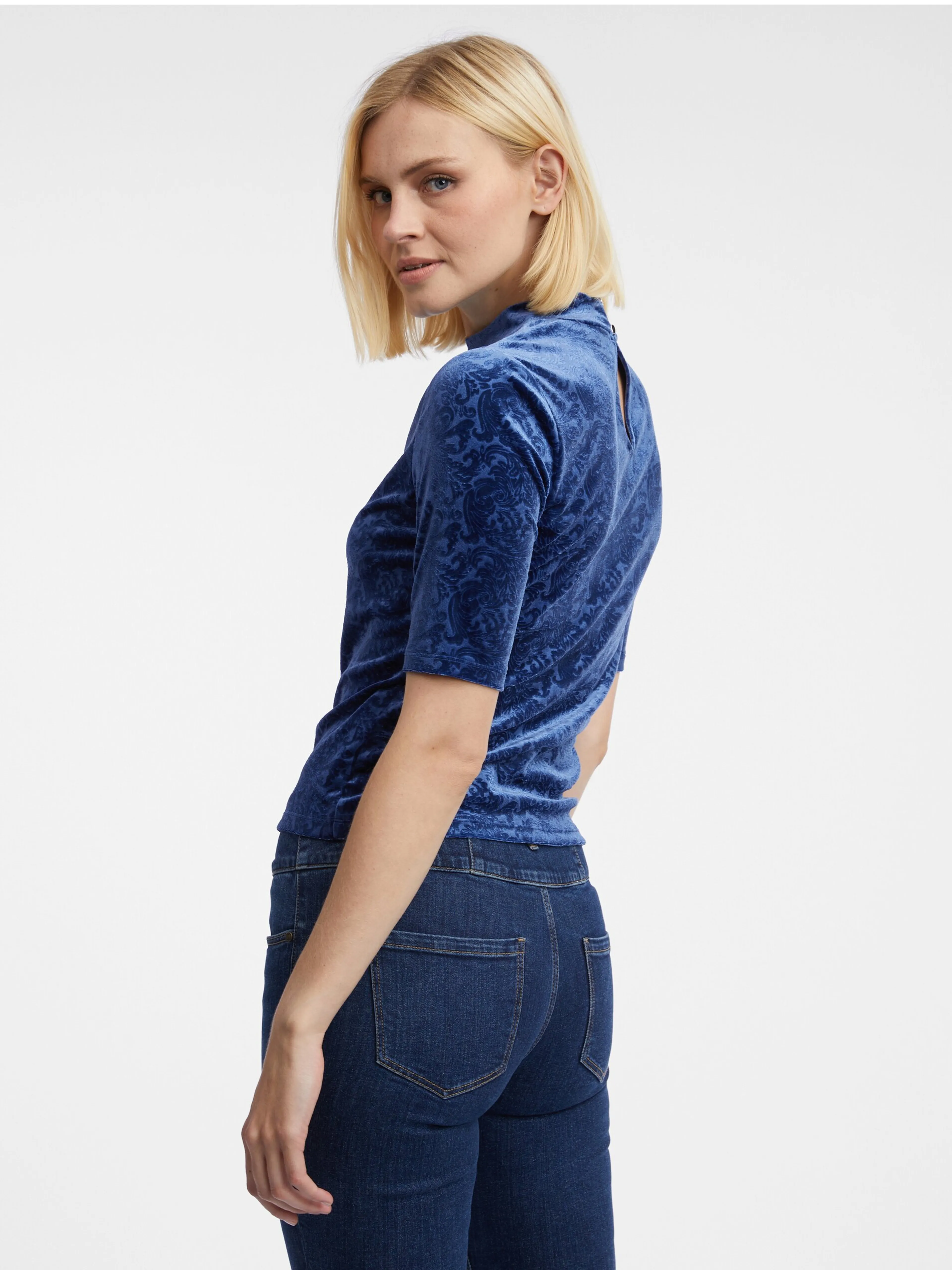 Dunkelblaues gemustertes Damen-Samt-Top ORSAY