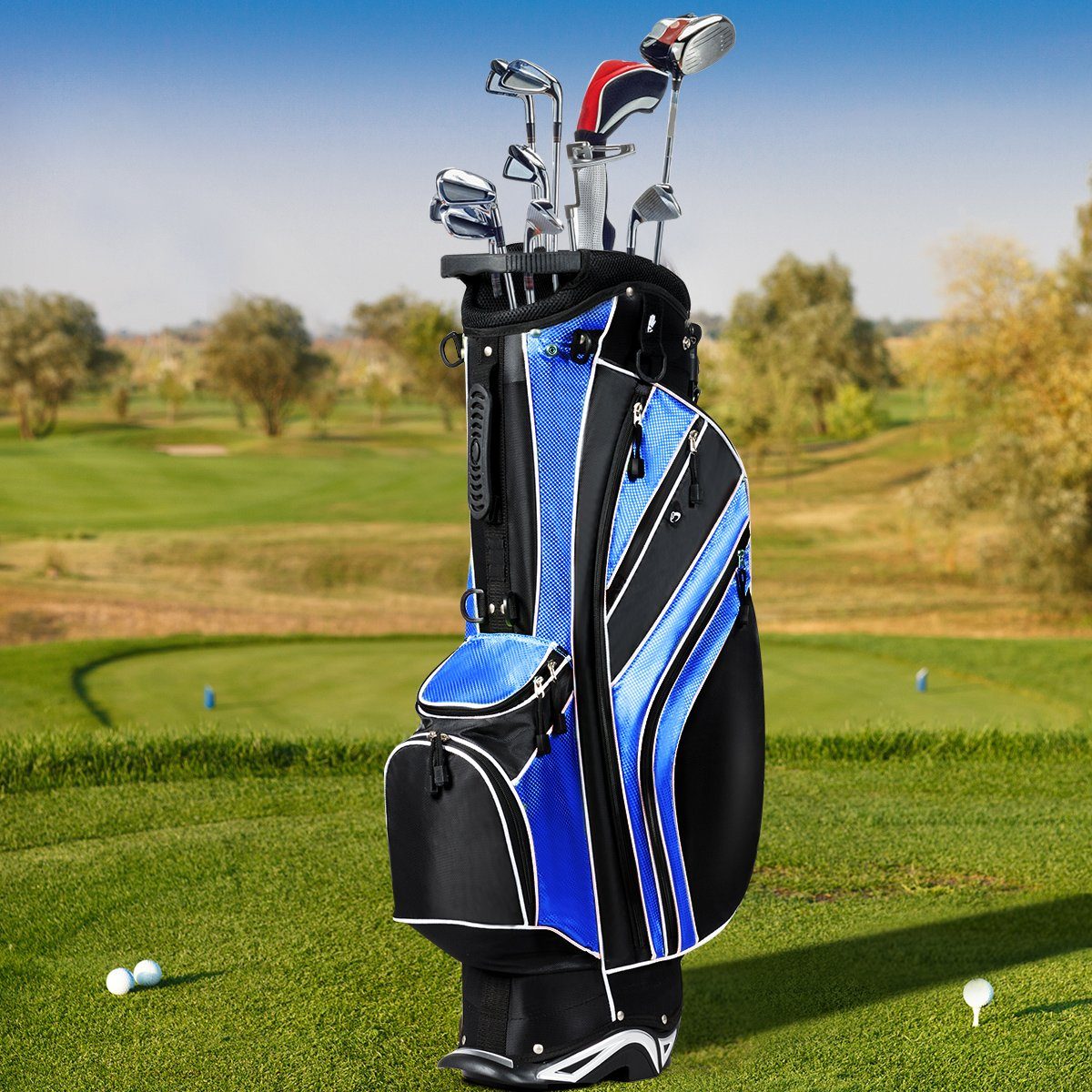 COSTWAY Golftrolley + Golfbag, mit Ständer, Regenschirmhalter