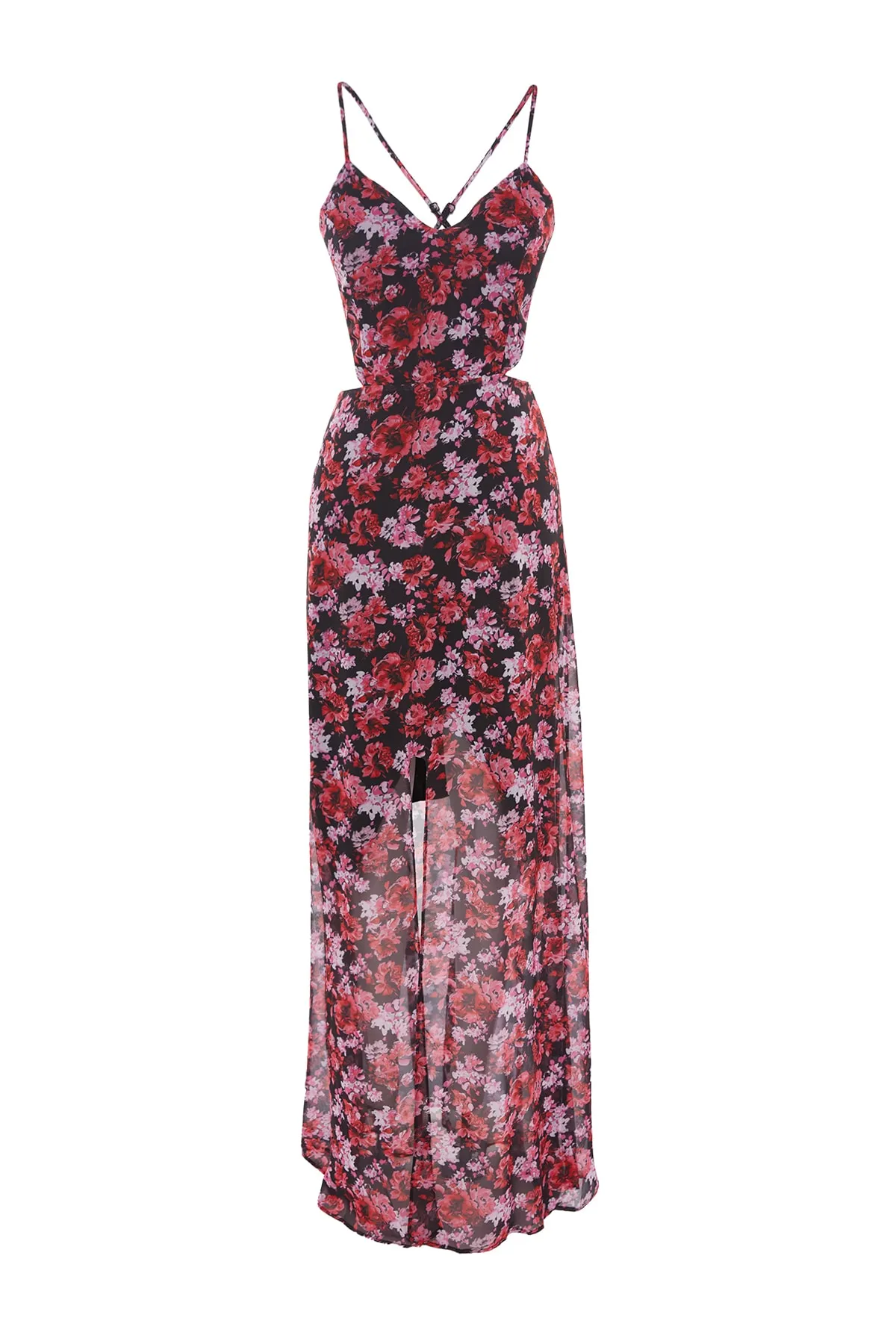 Trendyol Collection  Rotes A-Linien-gefüttertes Maxi-Webkleid mit Fensterausschnitt/Ausschnitt und detailliertem Blumendruck TWOSS20EL1270
