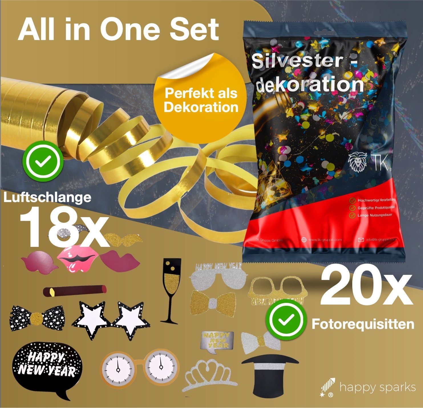 happy sparks® Hängedekoration XXL Silvester Deko 2024 Set - Happy New Year - Neujahrsdeko (1 St)