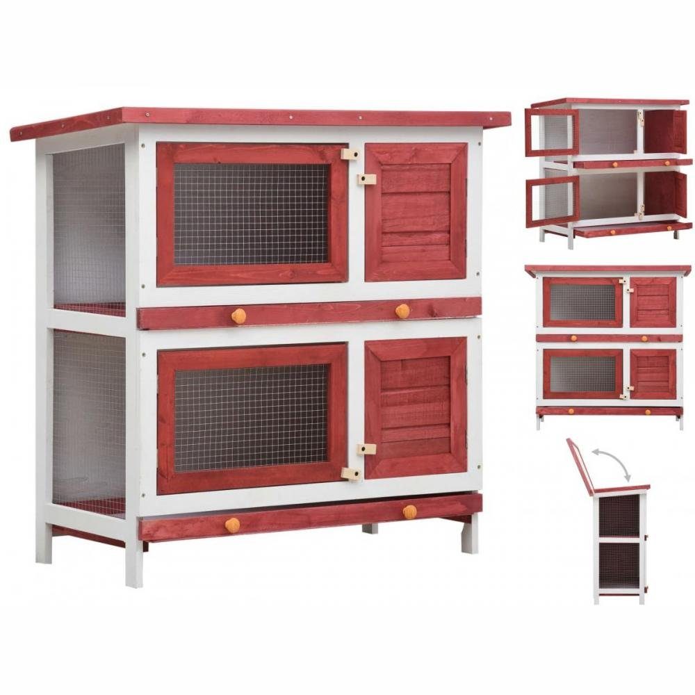 vidaXL Kleintierkäfig Kaninchenstall 4 Türen Rot Holz