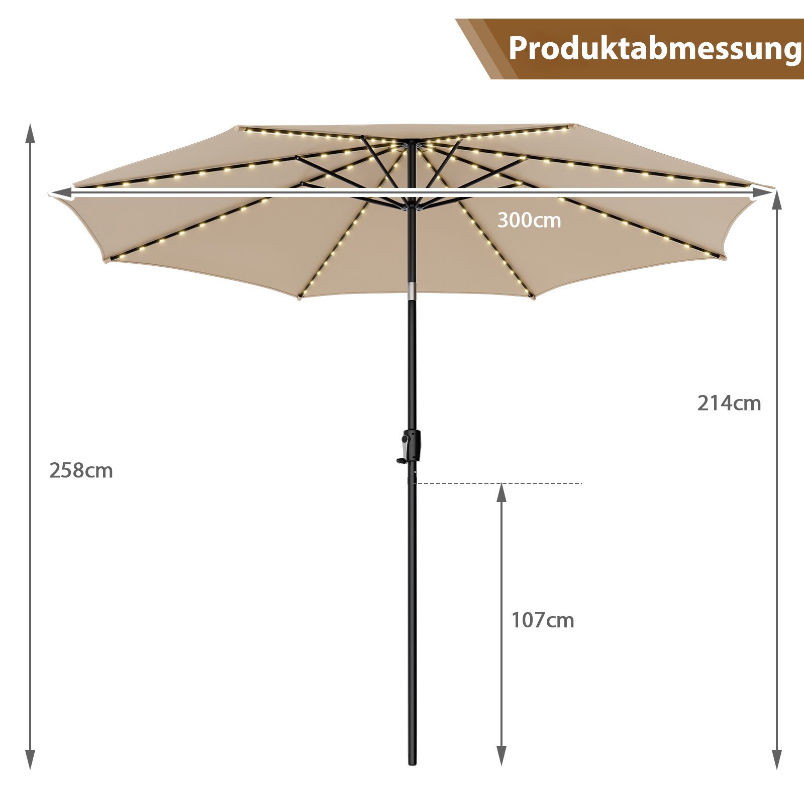COSTWAY Sonnenschirm, Ø3m, mit 112 LED & Kurbel
