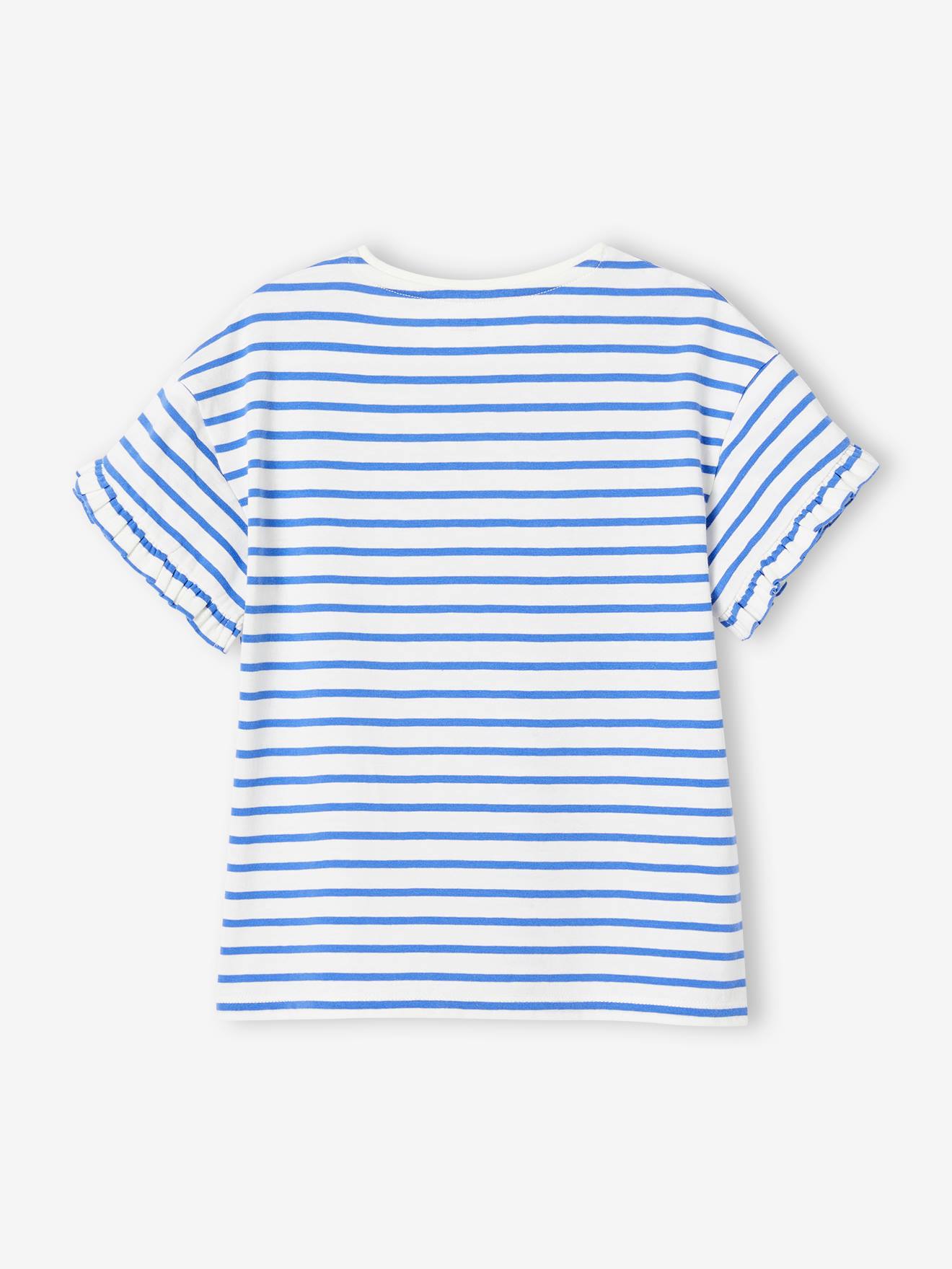 Vertbaudet Mädchen T-Shirt mit Paillettenherz - blau gestreift