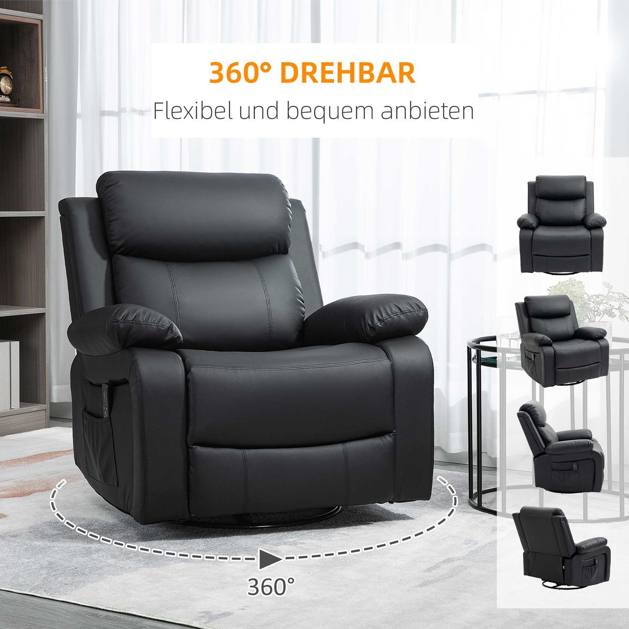 HOMCOM Massagesessel Drehbarer Relaxsessel mit 8 Vibrationsköpfen, Liegefunktion