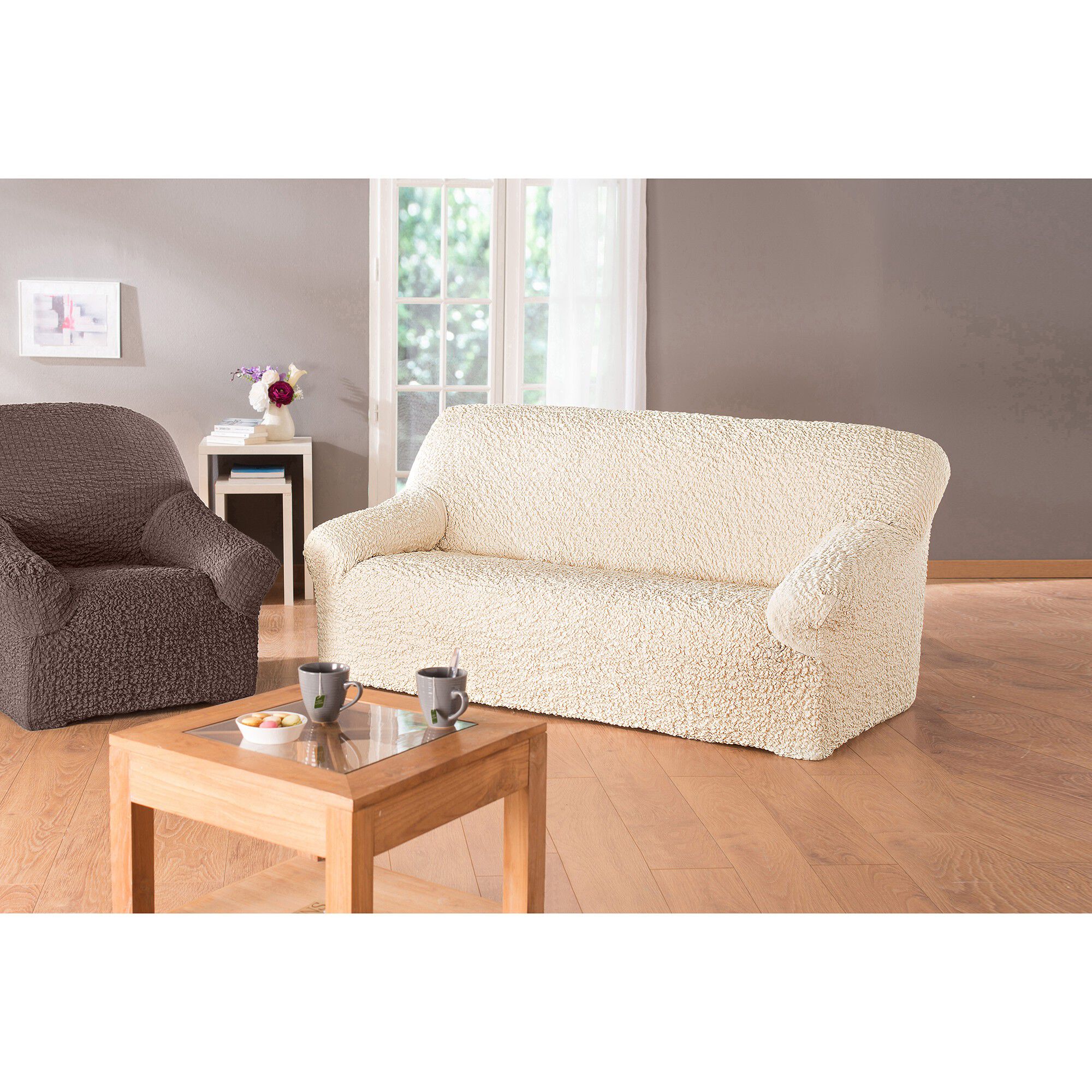 Housse gaufrée bi-extensible canapé fauteuil accoudoirs