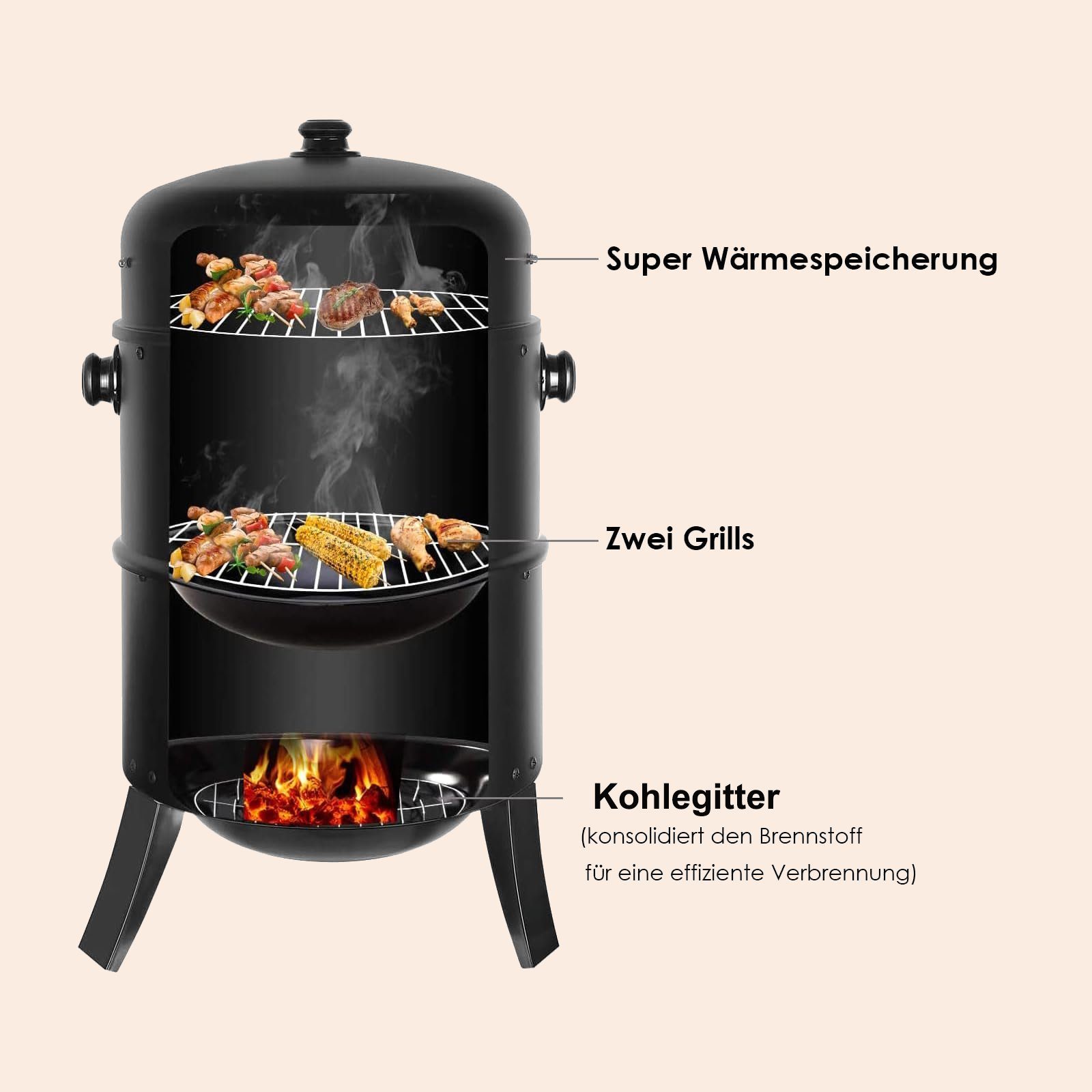 TLGREEN Smoker, Räucherofen, Räuchertonne, Ø44,5x80 cm, 3-in-1 Holzkohlegrill