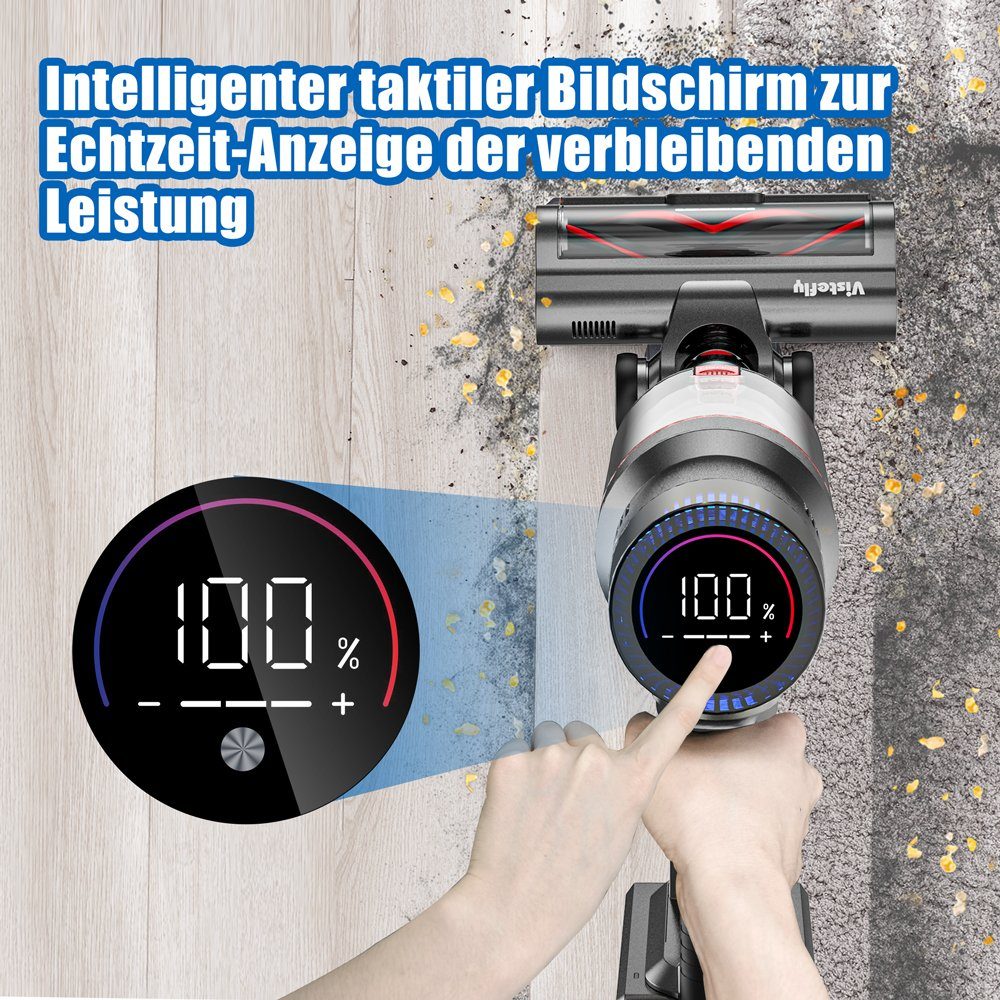 VISTEFLY Akku-Stielstaubsauger V15 Geeignet zur Reinigung von Tierhaaren, Teppichen und Hartböden, 500,00 W, beutellos, automatische Saugkraftregelung, 60 Minuten Laufzeit, 3 Saugmodi