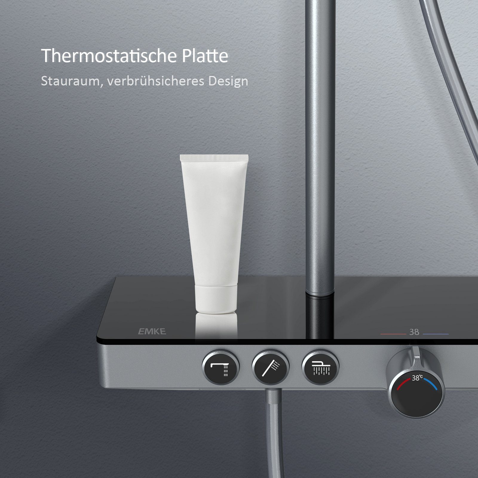 EMKE Duschsystem Duschsystem mit Thermostat Glasablage, Handbrause, 3 Strahlart(en), 45cm Thermostatische Platte,Regendusche mit Armatur