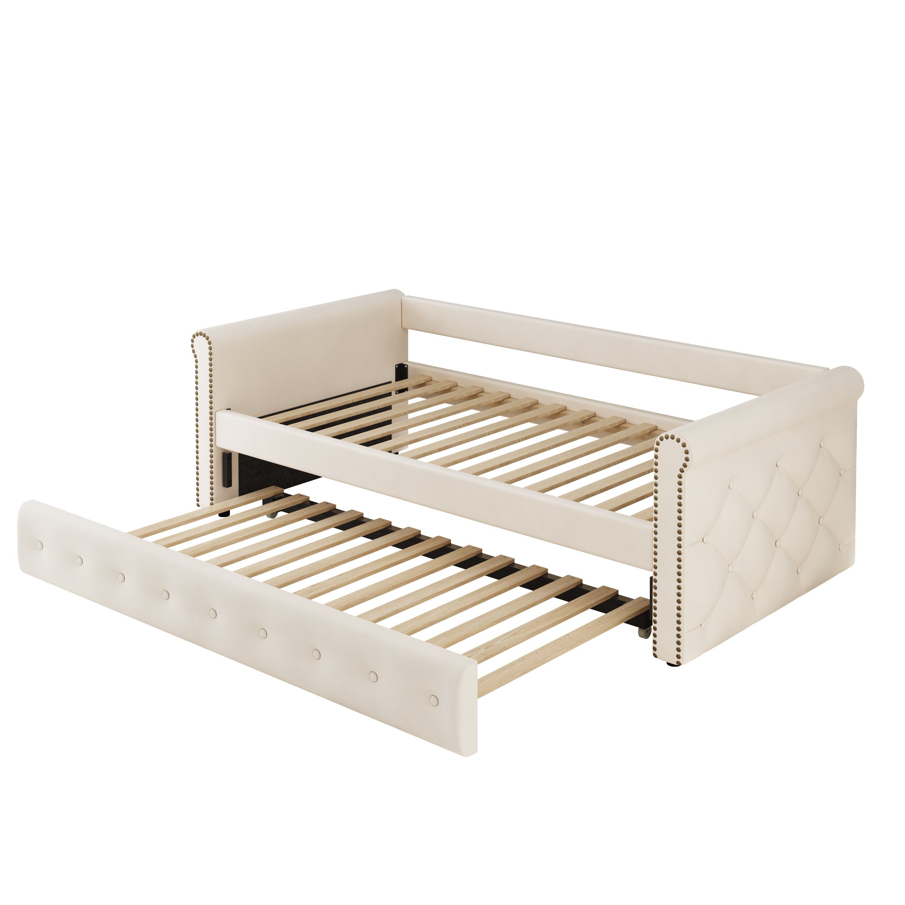 WISHDOR Bett Schlafsofa Kinderbett Polsterbett Tagesbett Daybett 90x200 cm (ausziehbares Schlafsofa, hautfreundlicher Samtstoff), ohne Matratze