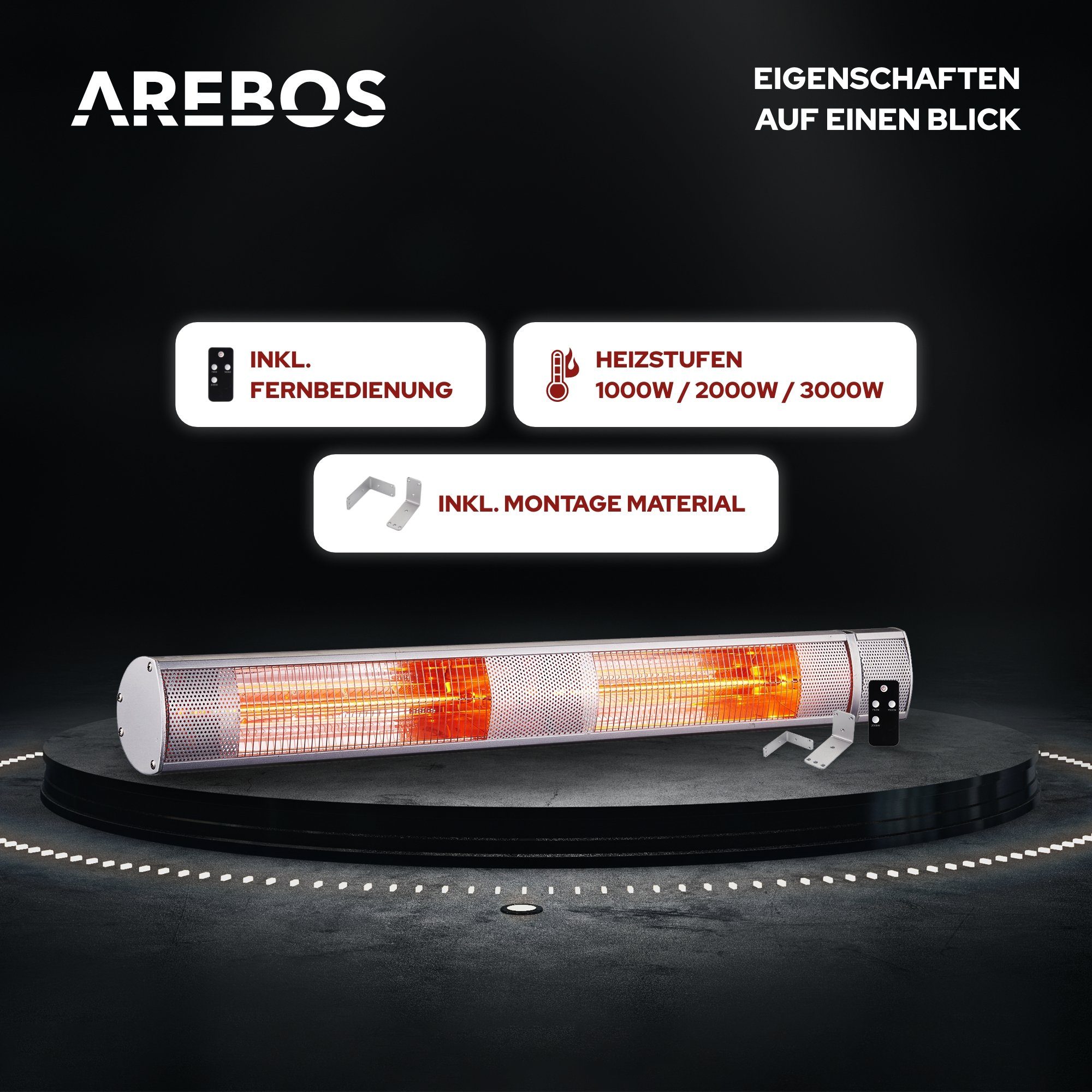 Arebos Infrarotstrahler 3.000 W, mit Fernbedienung, 3 Heizstufen, Geeignet für: 12-20m²