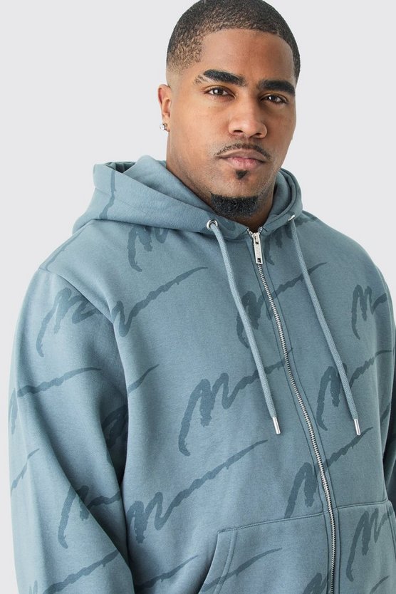 Plus Man Signature Hoodie mit Print und Reißverschluss