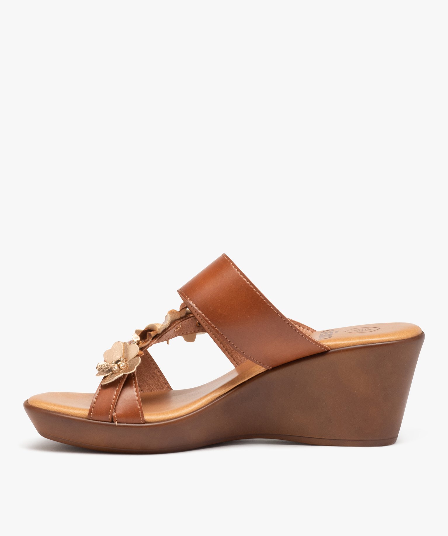 Mules femme compensées avec bride à fleurs marron | GEMO