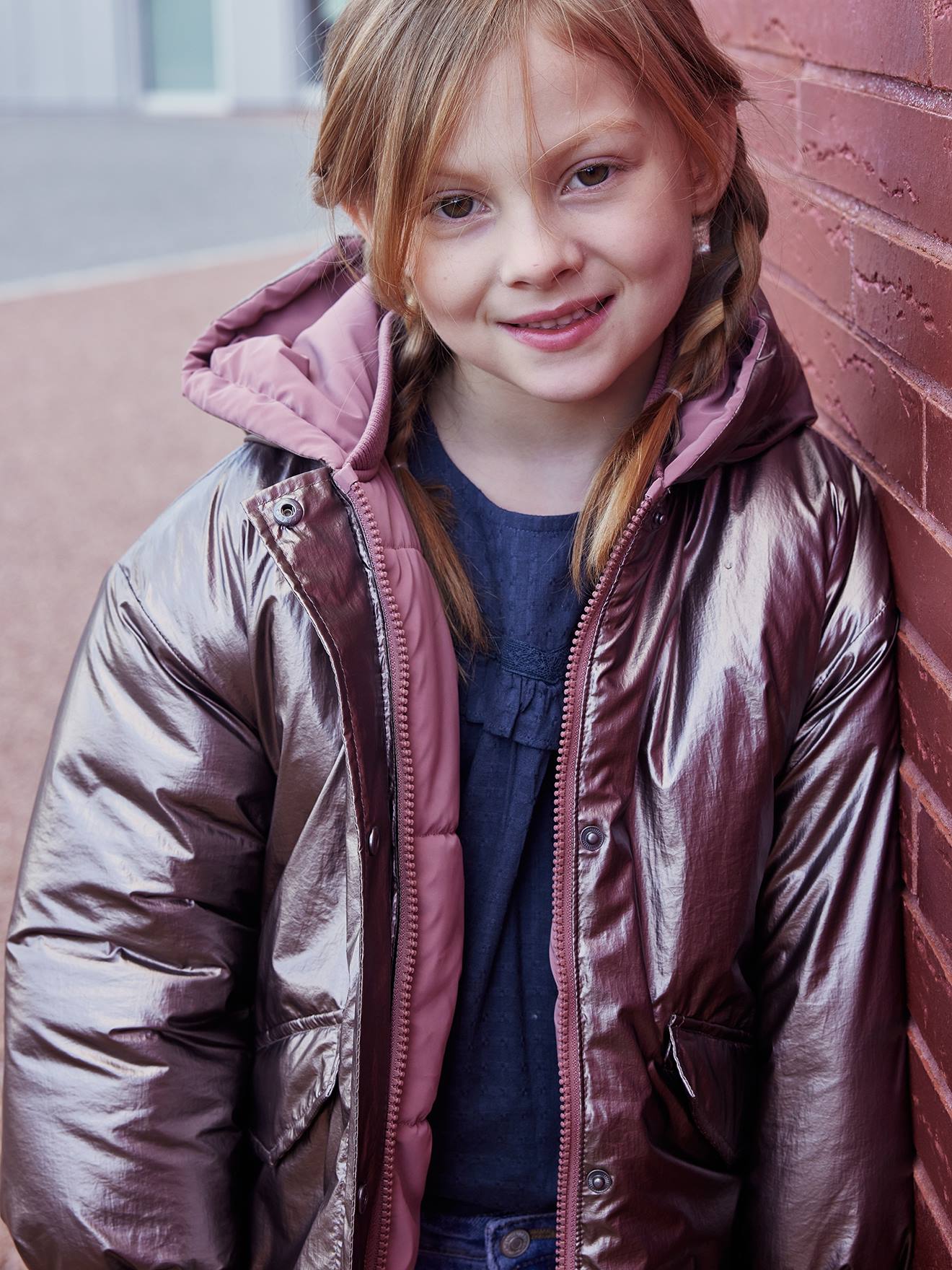 Parka à capuche réversible effet métallisé ou doudoune fille argent