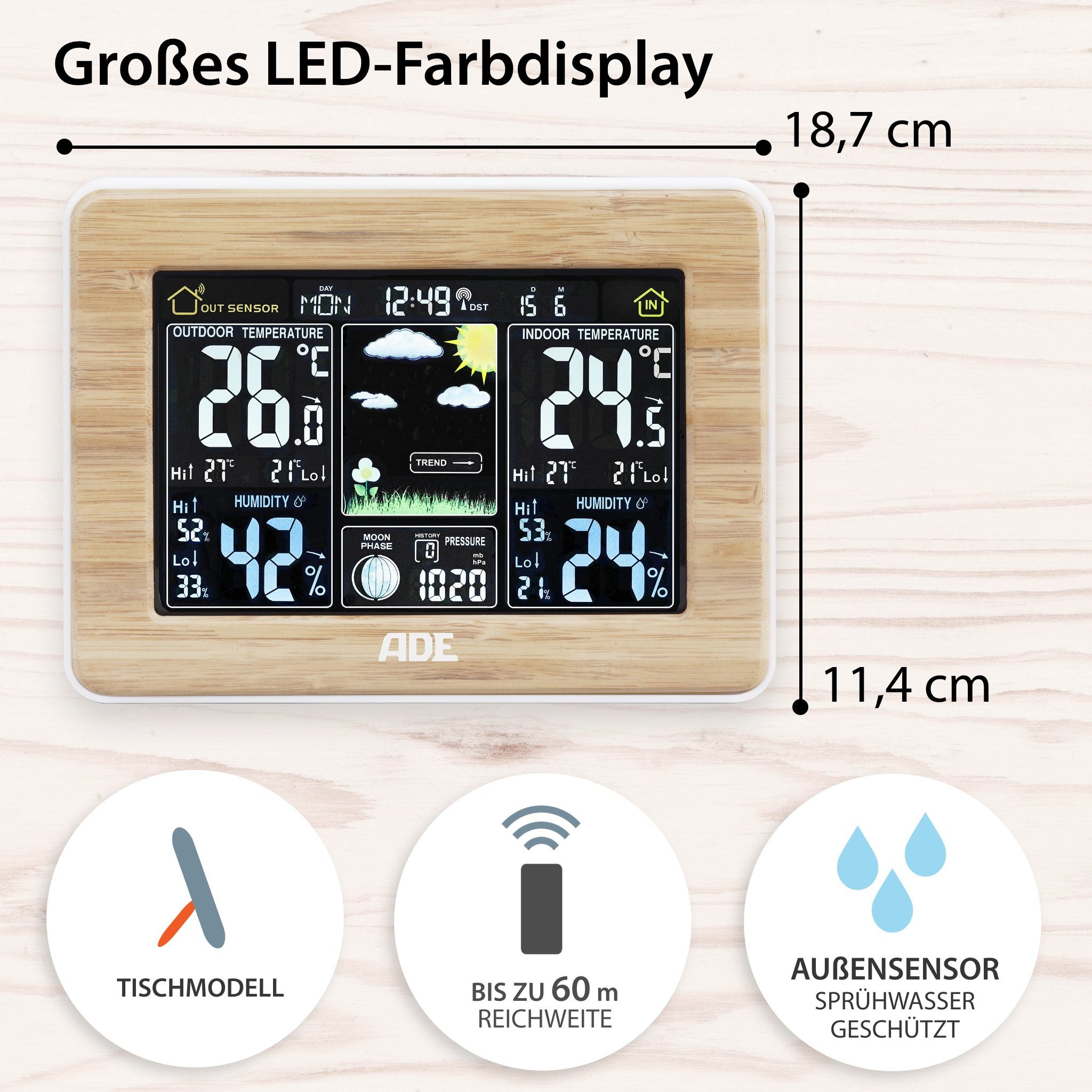 ADE Wetterstation Funk mit Außensensor, mit animierter Vorhersage Funkwetterstation (mit Barometer, LED-Farbdisplay, Funkwecker, Bambusrahmen)