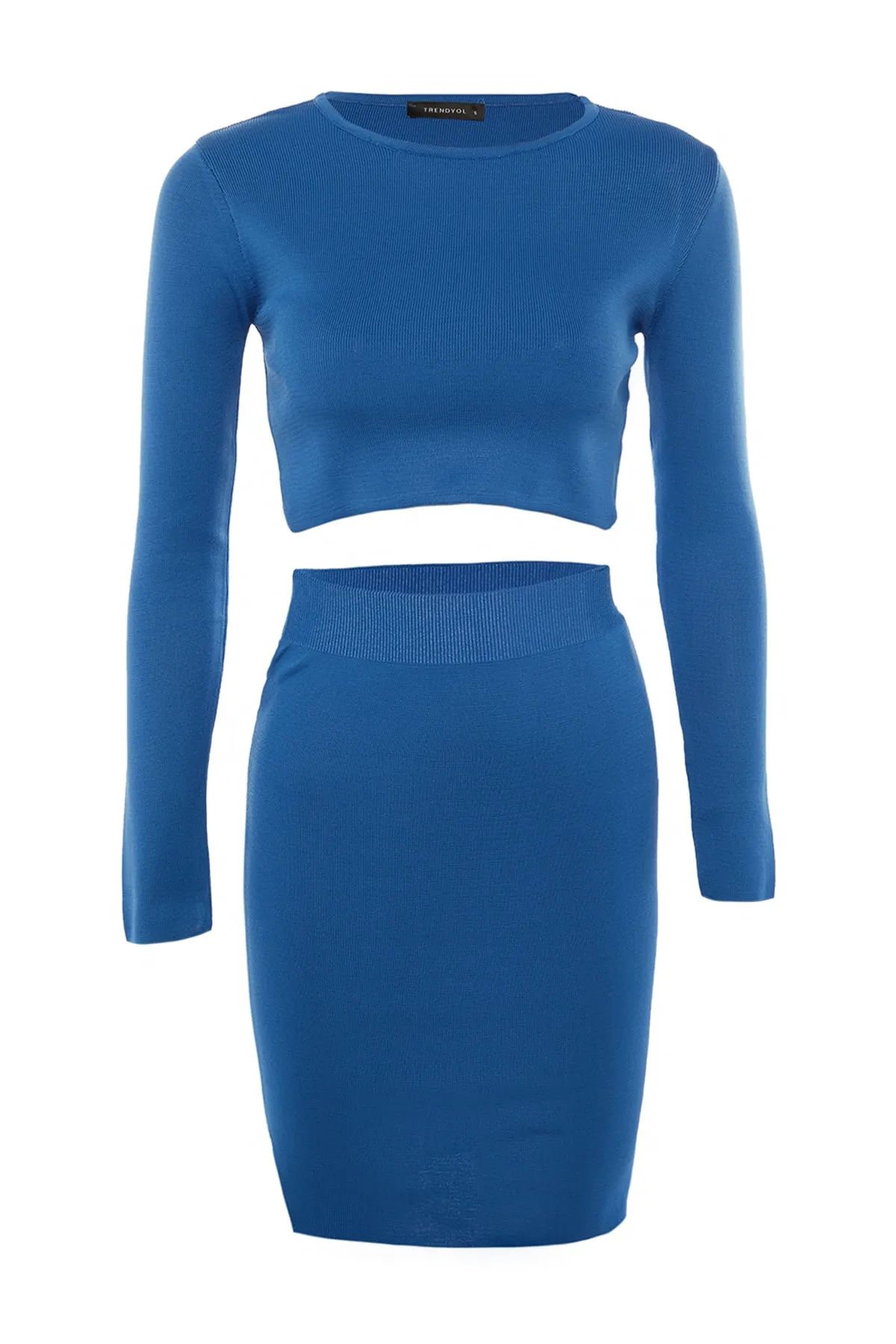 Trendyol Collection  Blaues Super-Crop-Rock-Set aus Strickoberteil und -unterteil TWOAW23AU00009