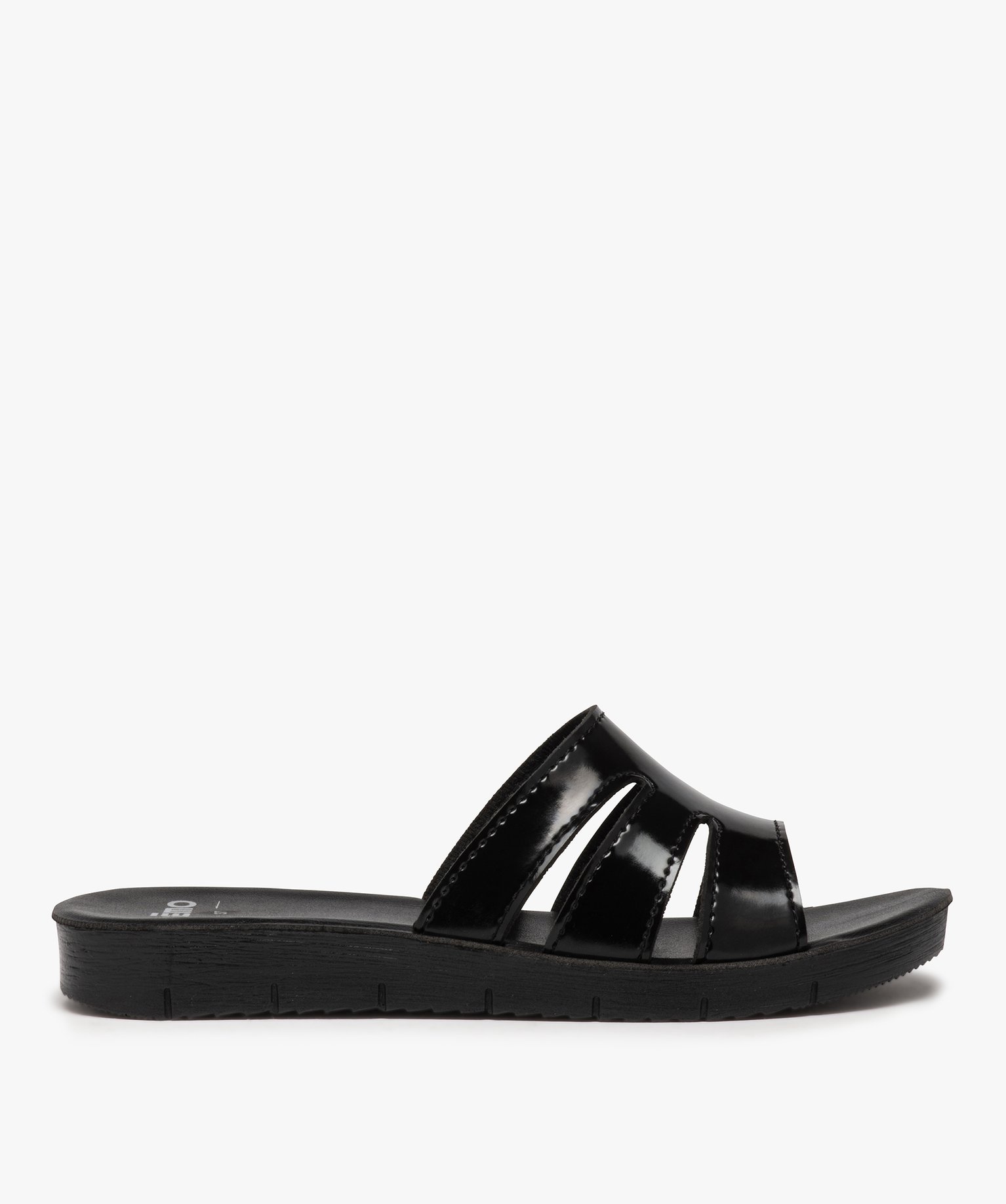 Mules femme à talon plat unies et bride vernie noir | GEMO