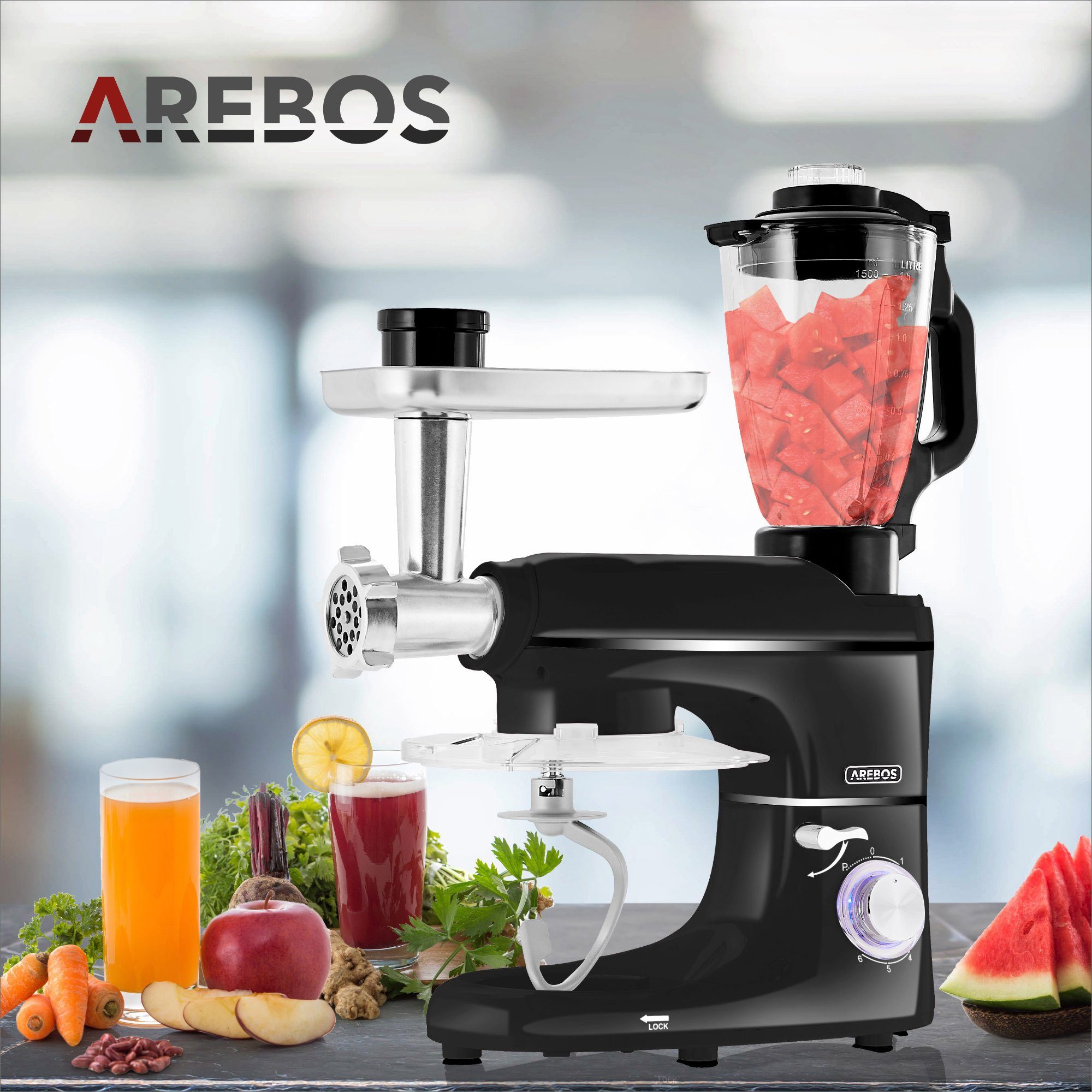 Arebos Küchenmaschine Fleischwolf, Nudelmaschine, Edelstahl-Schüssel, 1500 W, 5,50 l Schüssel, 3in1