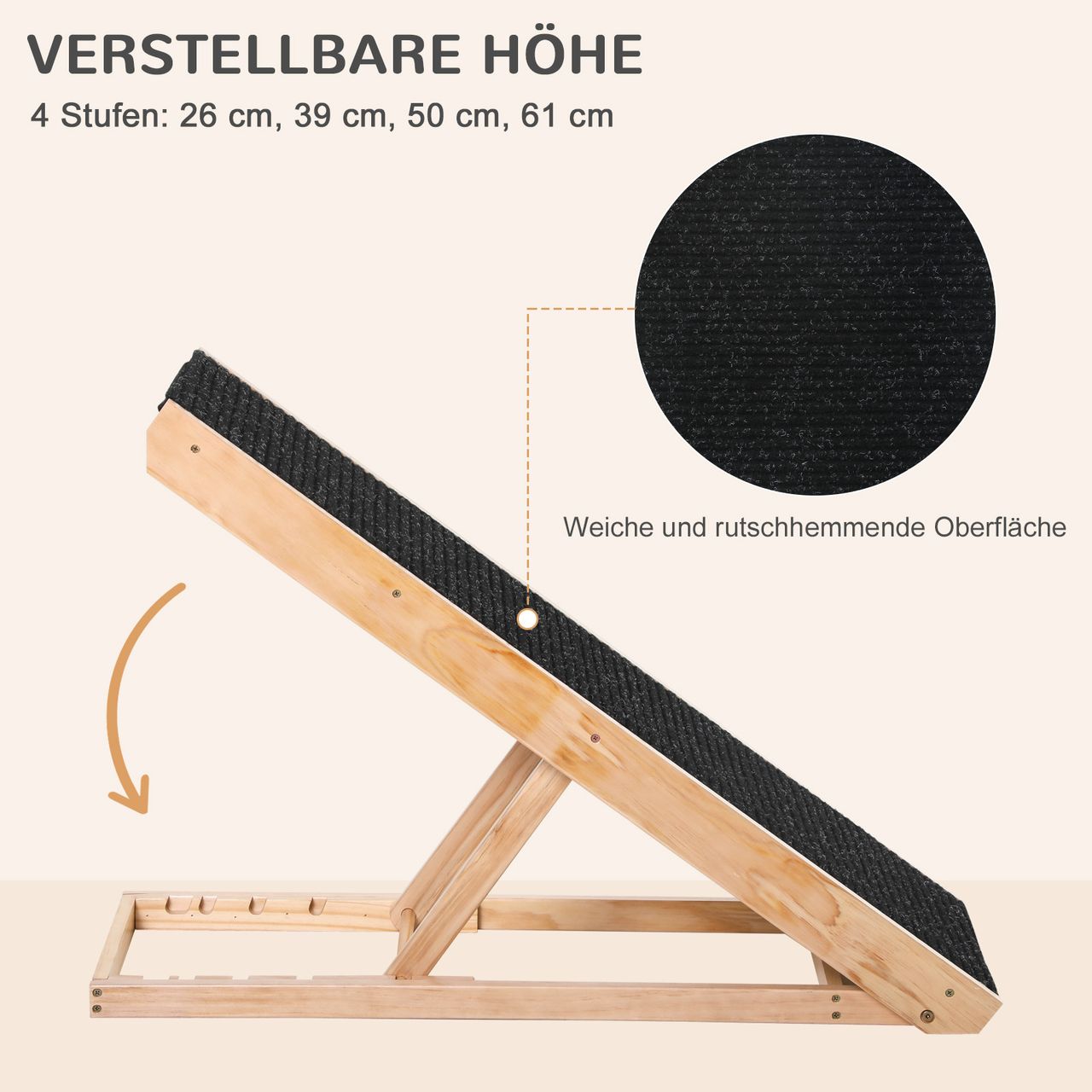 PawHut Haustierrampe mit rutschfestem Teppich verstellbarer Haustierleiter Hunderampe für großen Hund Kiefernholz Polyester Schwarz Naturholz 90B x 40T x 61H cm