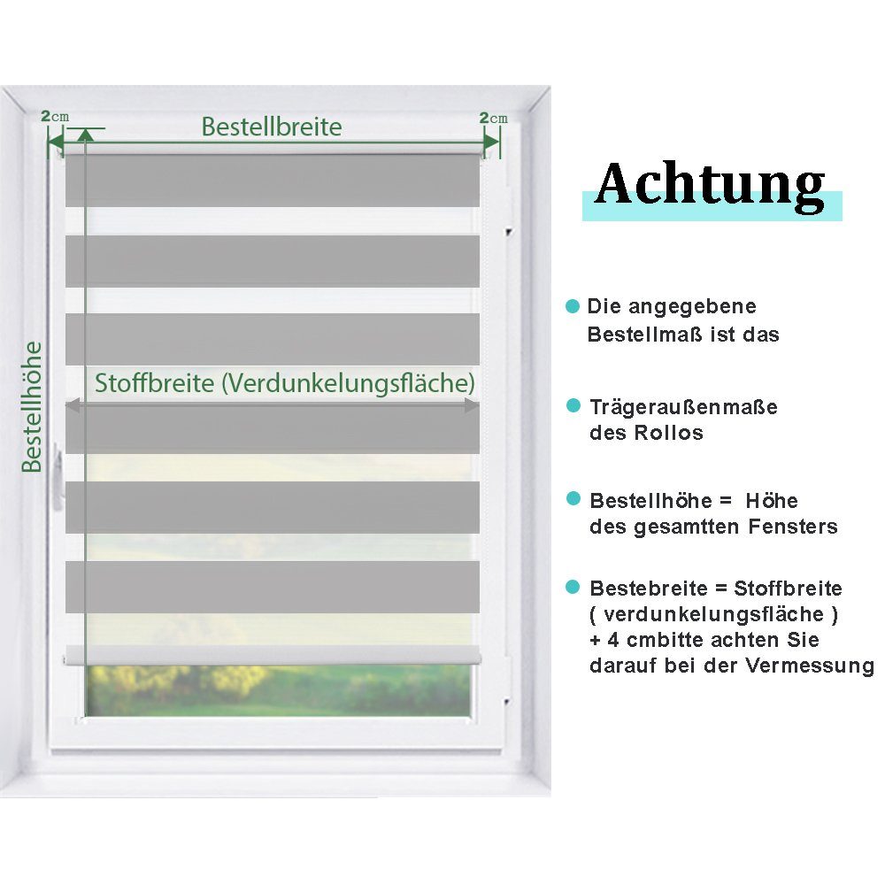 Doppelrollo Ohne Bohren, Grau/Grün/Grün-Grau-Weiß, OUBO, freihängend, verspannt, Klemmträger,klemmfix, Lichtschutz schnelle und einfache Montage mit beiliegendem