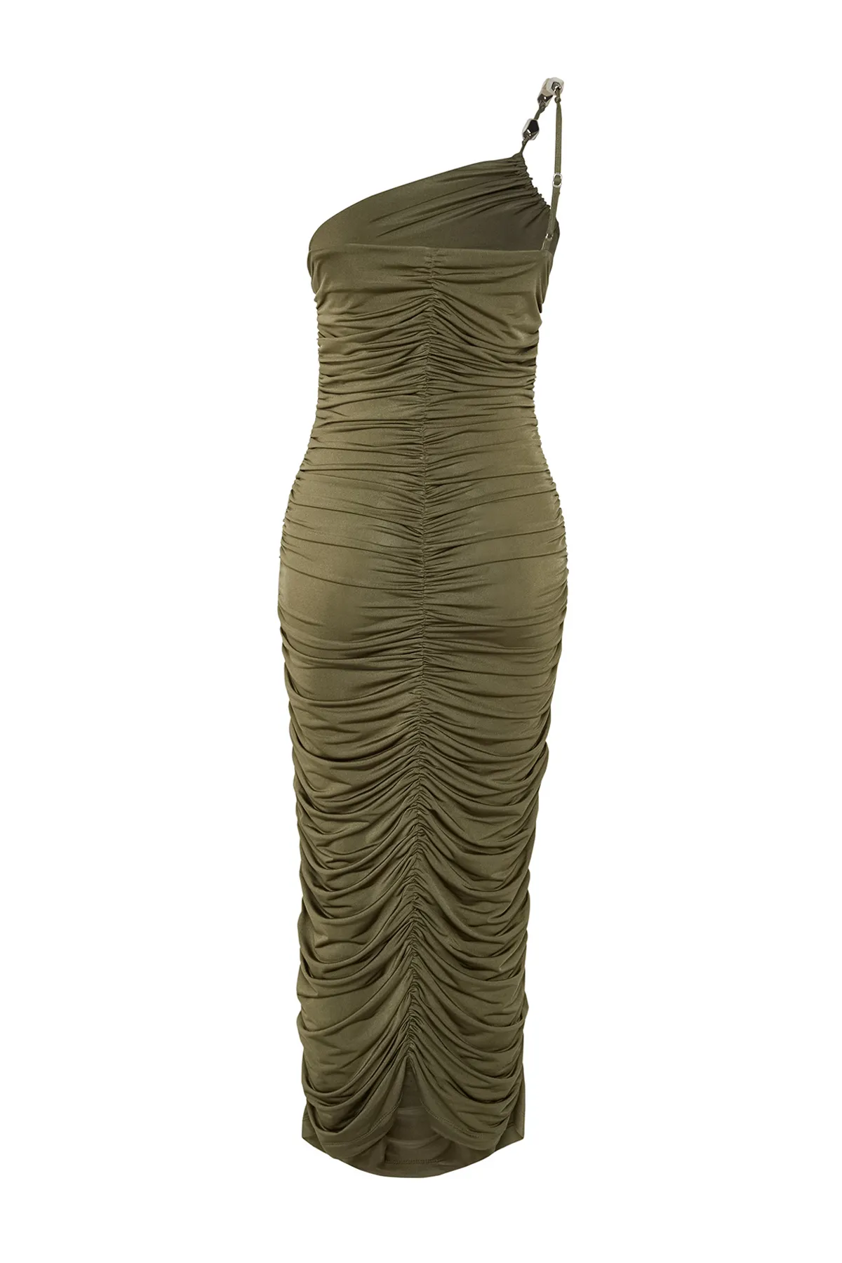 Trendyol Collection  Zeynep Tosun Design - Khakifarbenes gestricktes Abendkleid mit Accessoire-Detail TCLSS24EL00002