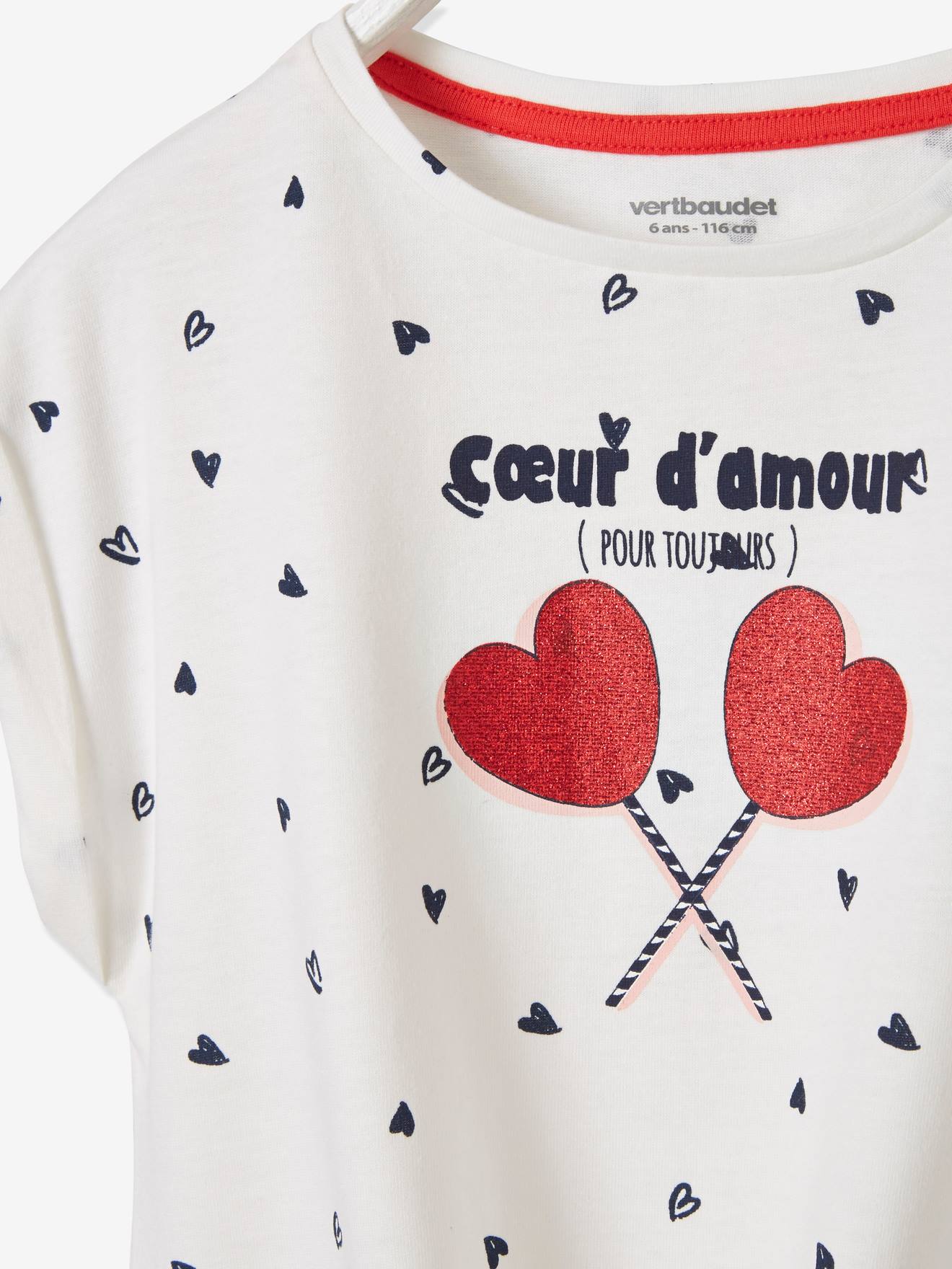 Vertbaudet Mädchen T-Shirt mit Glitzerherzen Oeko-Tex - weiß bedruckt