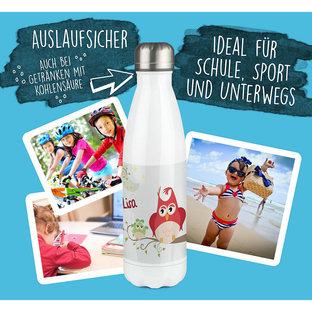 Edelstahl Kinder Thermoflasche / Trinkflasche bunt Eule Mama Spülmaschinenfest, Auslaufsicher, Bruchfest, Doppelwandig, Für Heißgetränke geeignet, Mit Deckel, Isoliert