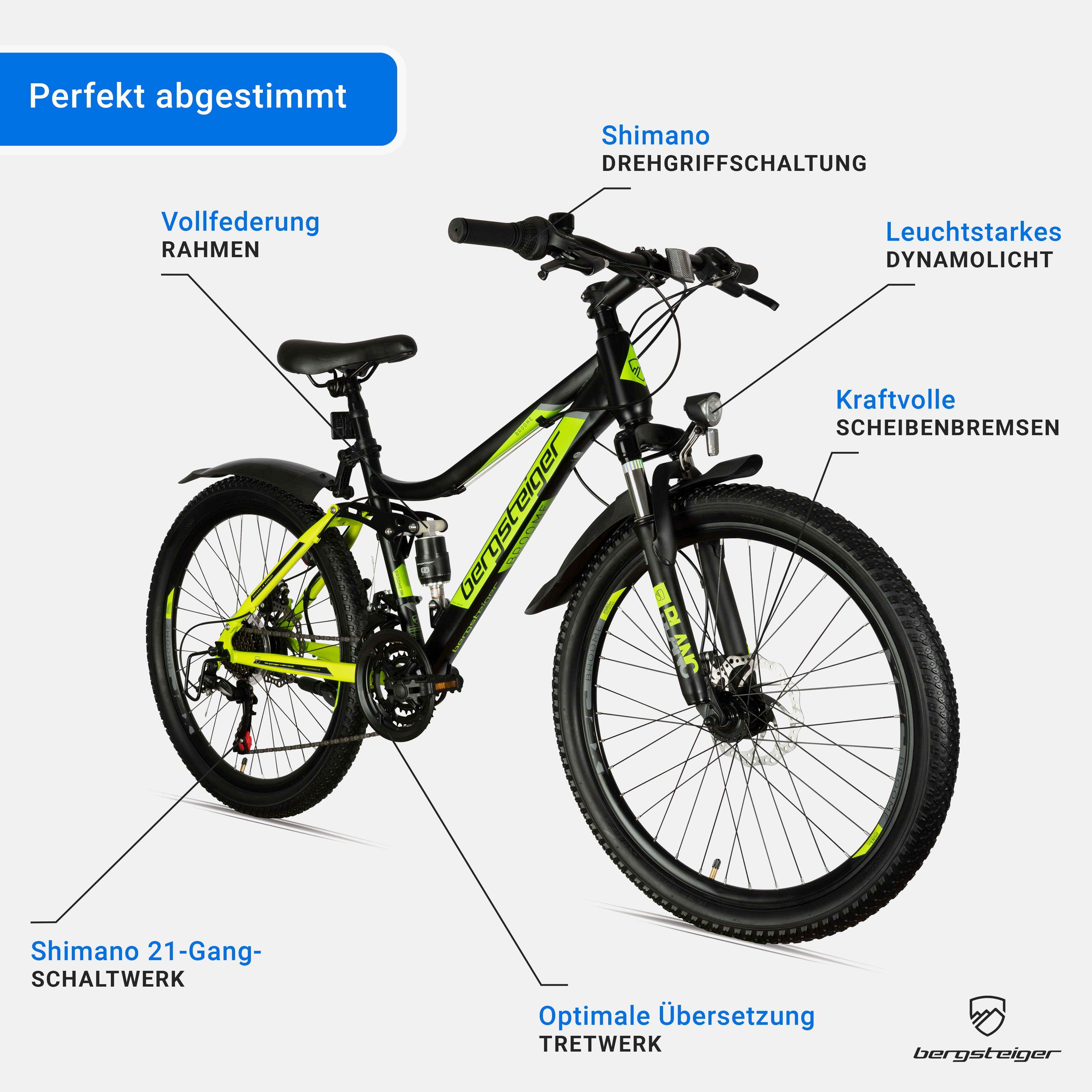 bergsteiger Kinderfahrrad Bergsteiger Broome 24, 26 Zoll, 21 Gang Shimano Shimano Tourney Schaltung Schaltwerk, Kettenschaltung