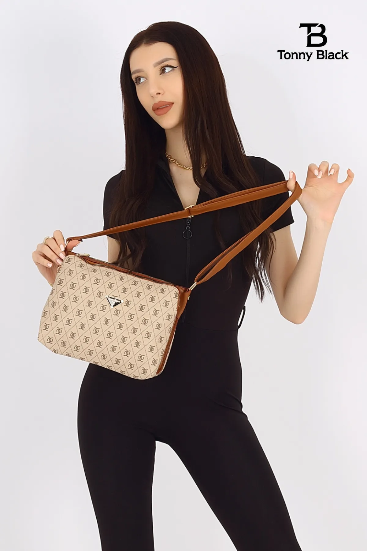 Tonny Black  Original Damen-Umhängetasche mit Reißverschluss und 3 Fächern aus weichem Leder, stilvolles Modell mit verstellbarem Kreuzriemen