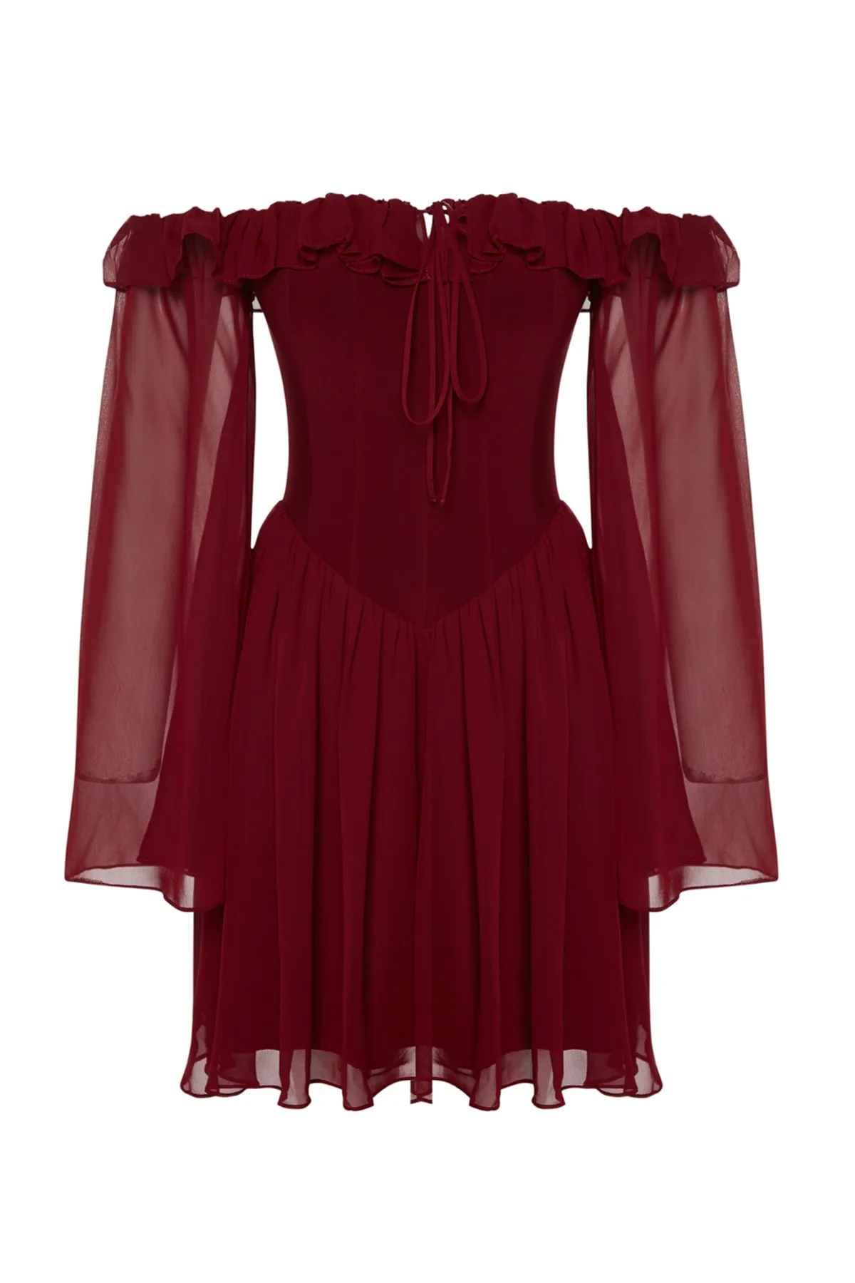Trendyol Collection  Burgunderrotes elegantes Abendkleid aus Chiffon mit offener Taille/Skater-Futter und Rüschen TPRSS23EL00096