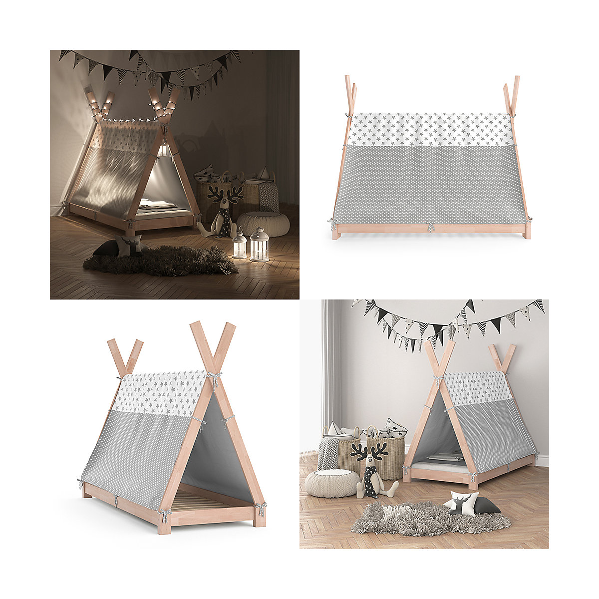 Kinderbett Hausbett Tipi + Überwurf 80x160cm Indianerzelt Indianerbett