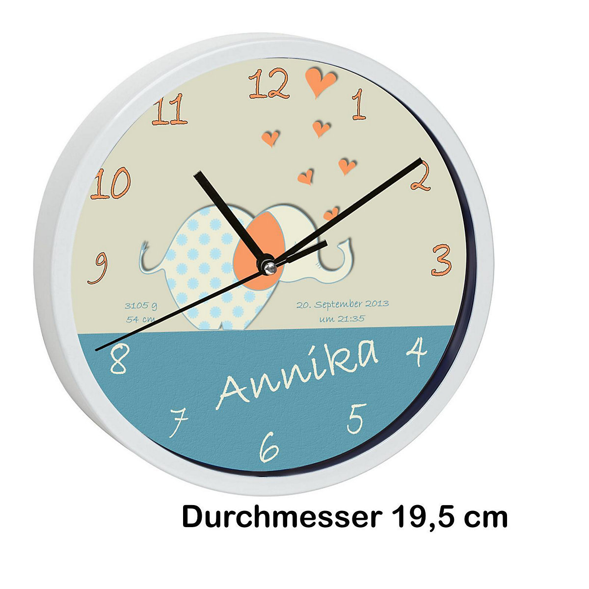 Kinder Wanduhr personalisiert mit Name Elefant orange blau