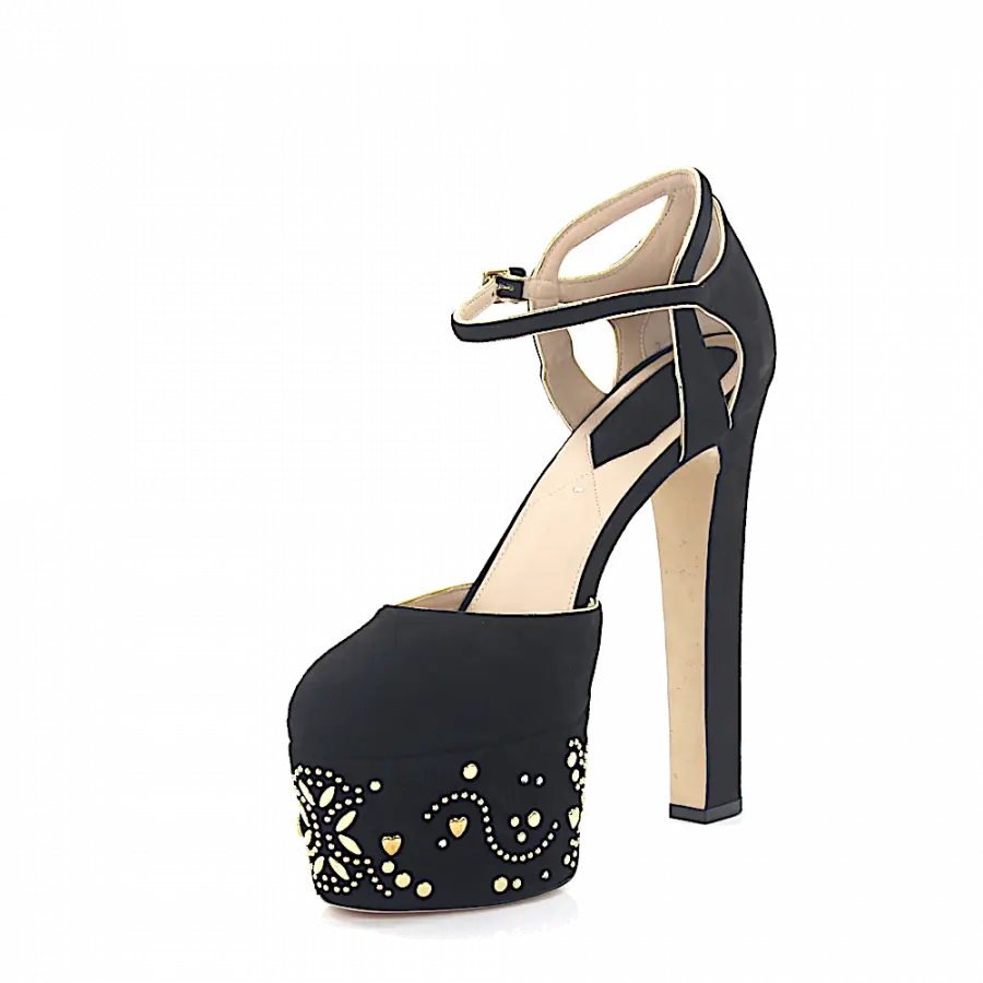 Elie Saab - Plateaupumps Kristallverzierung Nieten Schmuckstein schwarz gold - schwarz