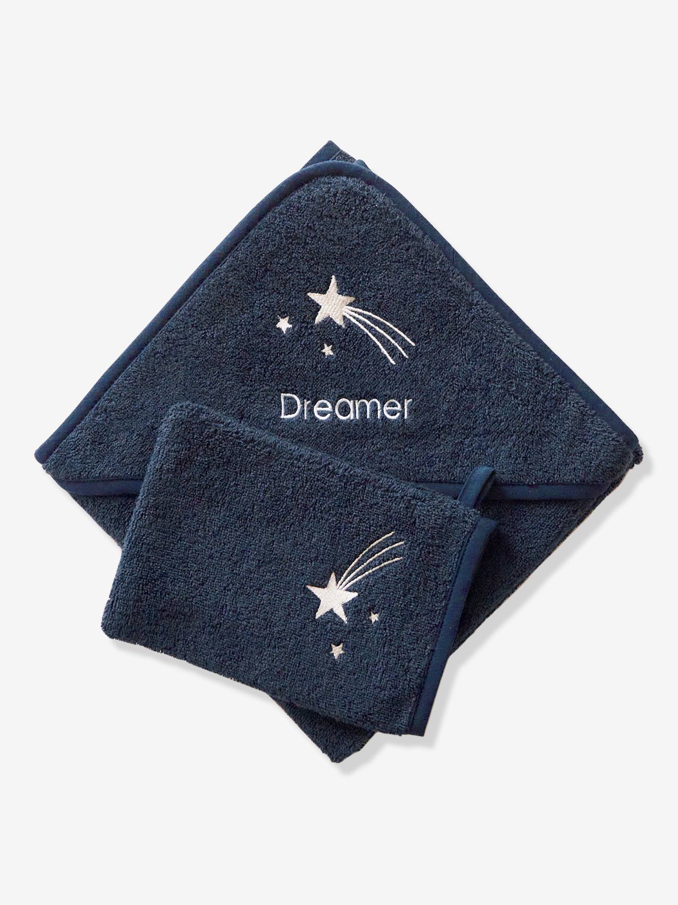Vertbaudet Baby Kapuzenbadetuch & Waschhandschuh Oeko-Tex, personalisierbar - blau