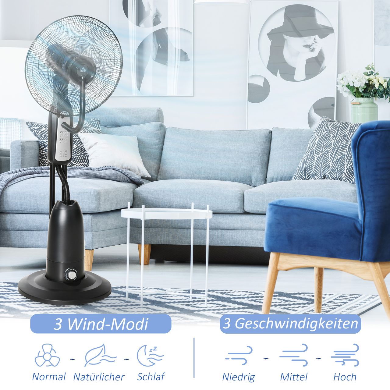 HOMCOM Standventilator mit 2,8 Liter Wasserzerstäuber Lüfter Nebelfunktion