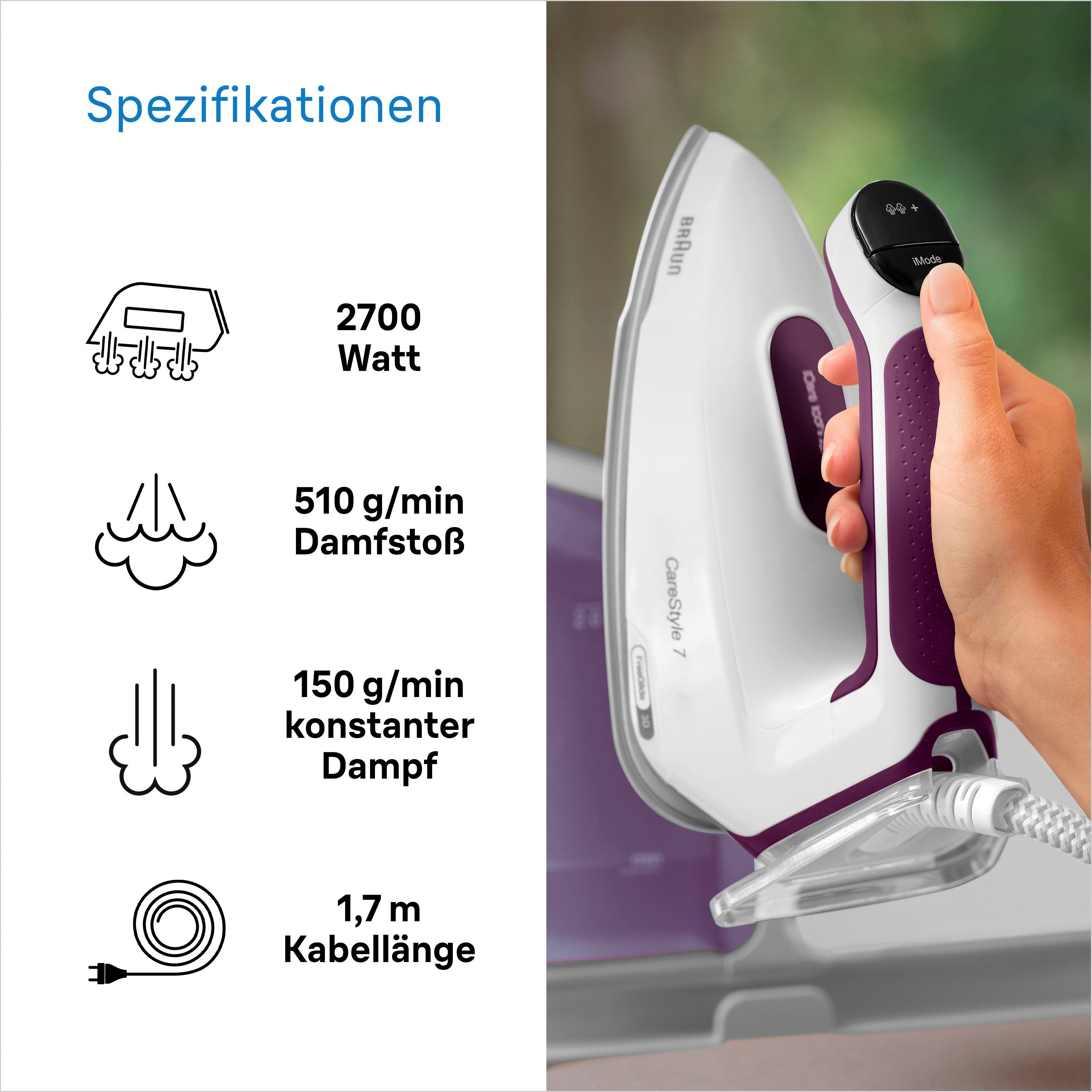 Braun Dampfbügelstation Braun CareStyle 7 IS 7266 VI Dampfbügelstation Weiß/Violett, 2000 ml Wassertank