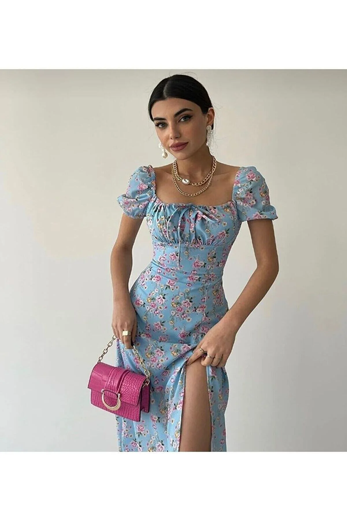 jüji  Damen Schlitz, Locker sitzender Rock, Ausschnitt, Bindedetail, Kurzarm, geblümtes weißes Sommerkleid