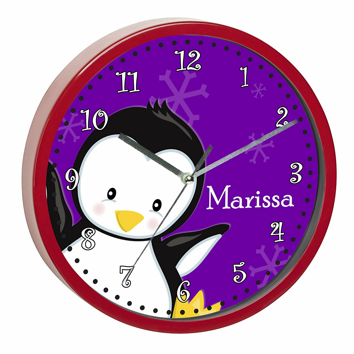 Kinder Wanduhr personalisiert mit Name Pinguin lila