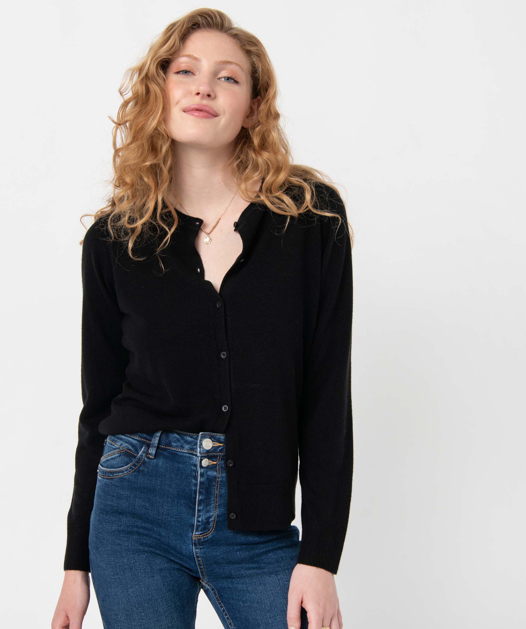 Gilet à col rond en maille fine femme noir | GEMO