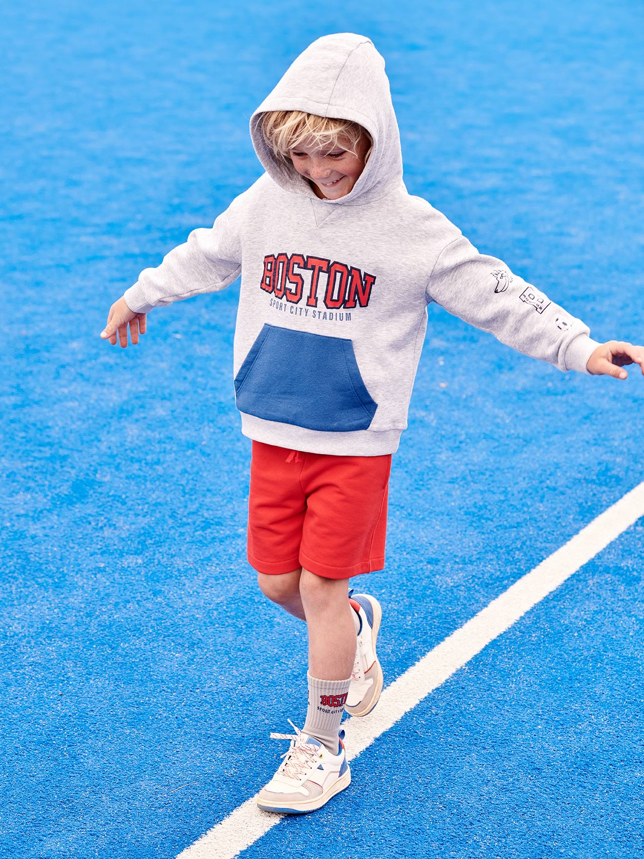 Sweat à capuche sport motif team Boston garçon gris chiné