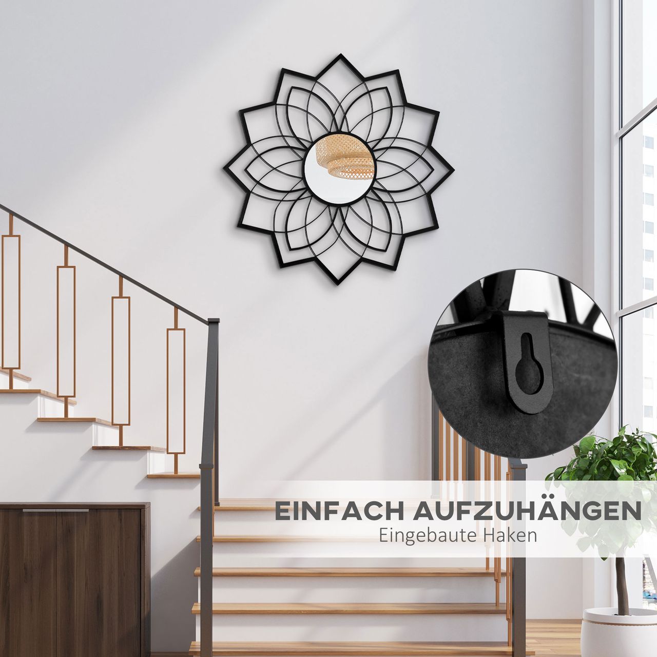 HOMCOM Wandspiegel Wohnzimmerspiegel Ø79 cm Rundspiegel mit Metallrahmen Dekospiegel mit Floralen Mustern Spiegelglas Flurspiegel für Schlafzimmer Elegant Schwarz